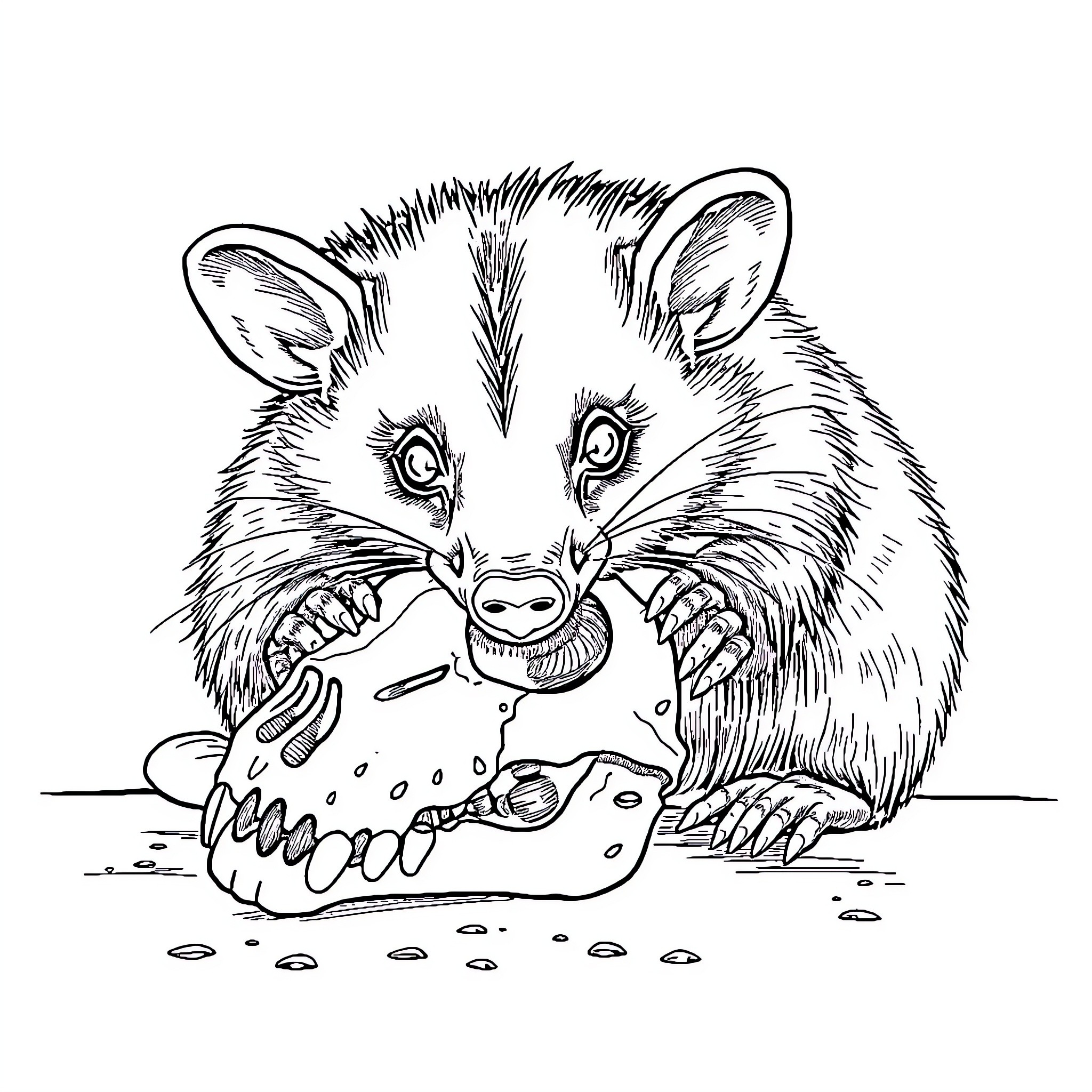 Opossum feasting on a skull Coloring Page (free black-and-white line drawing printable PDF for all, from beginners to advanced learners, including children, teens, adults, and seniors)