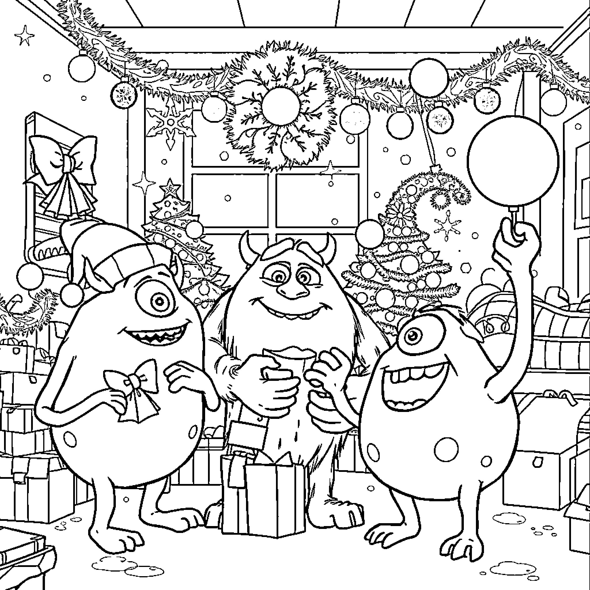 Monster Friends Celebrating Christmas Coloring Page (free black-and-white line drawing printable PDF for all, from beginners to advanced learners, including children, teens, adults, and seniors)