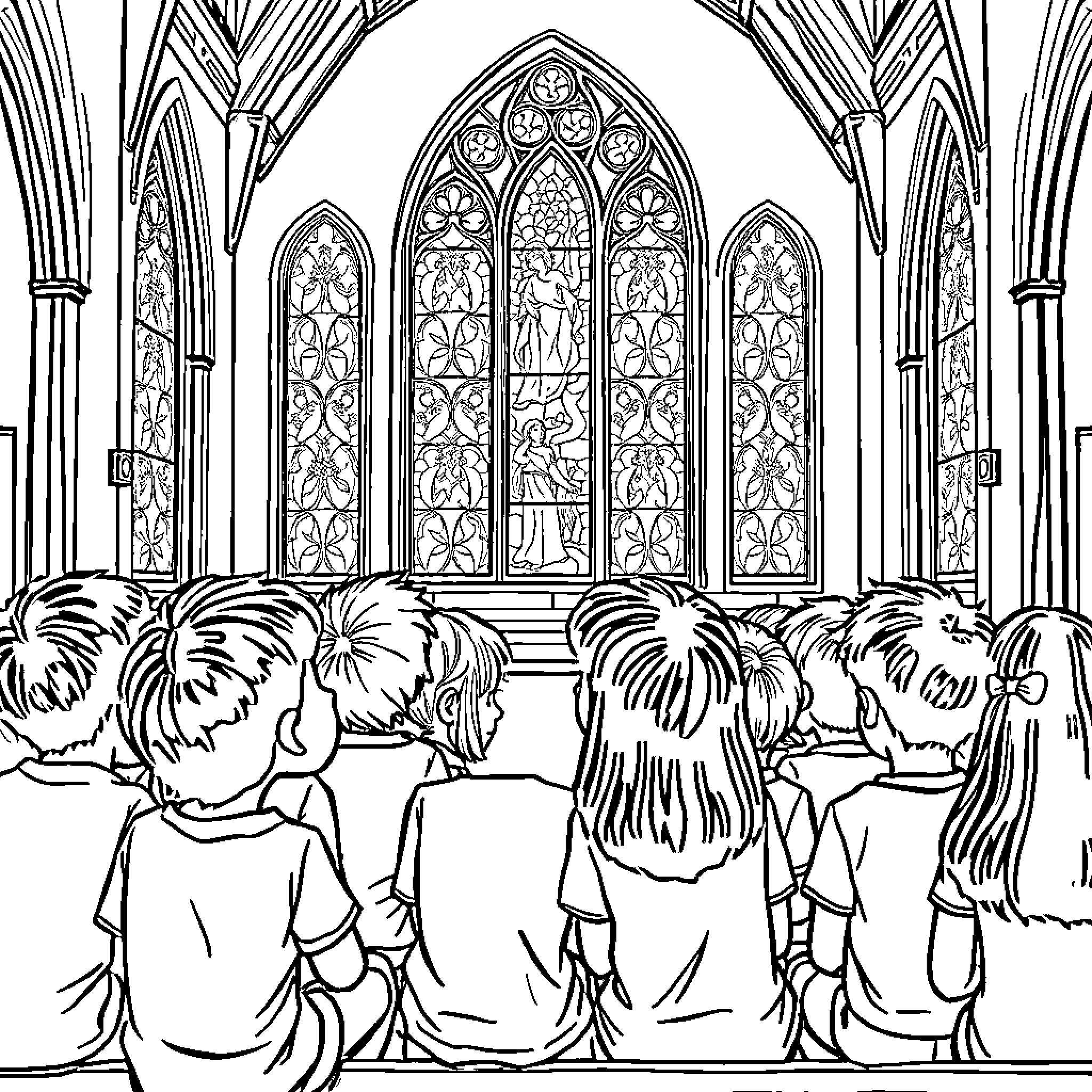 Kids observing stained glass cathedral windows Coloring Page (free black-and-white line drawing printable PDF for all, from beginners to advanced learners, including children, teens, adults, and seniors)