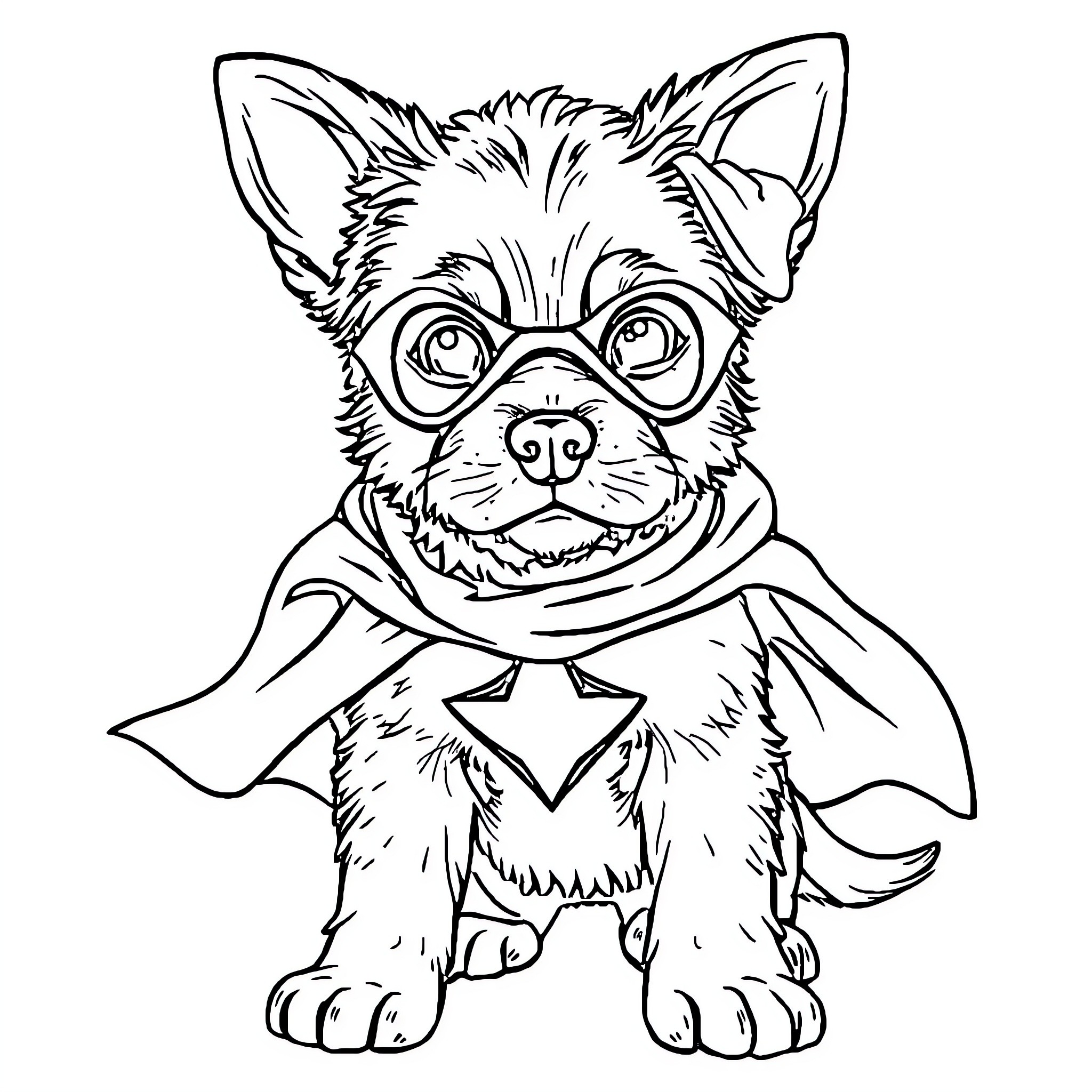 Dog wearing superhero cape and mask Coloring Page (free black-and-white line drawing printable PDF for all, from beginners to advanced learners, including children, teens, adults, and seniors)