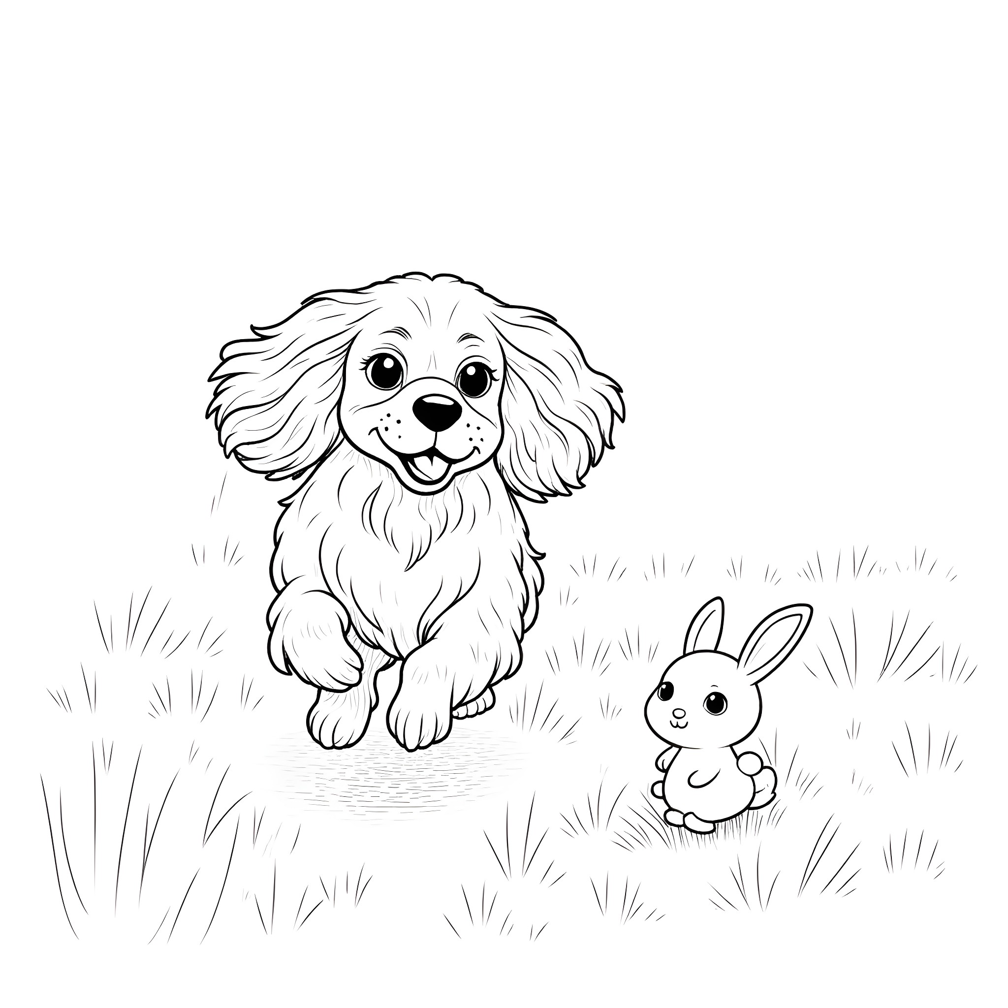 Cavalier King Charles Spaniel playing with a rabbit in the meadow Coloring Page (free black-and-white line drawing printable PDF for all, from beginners to advanced learners, including children, teens, adults, and seniors)