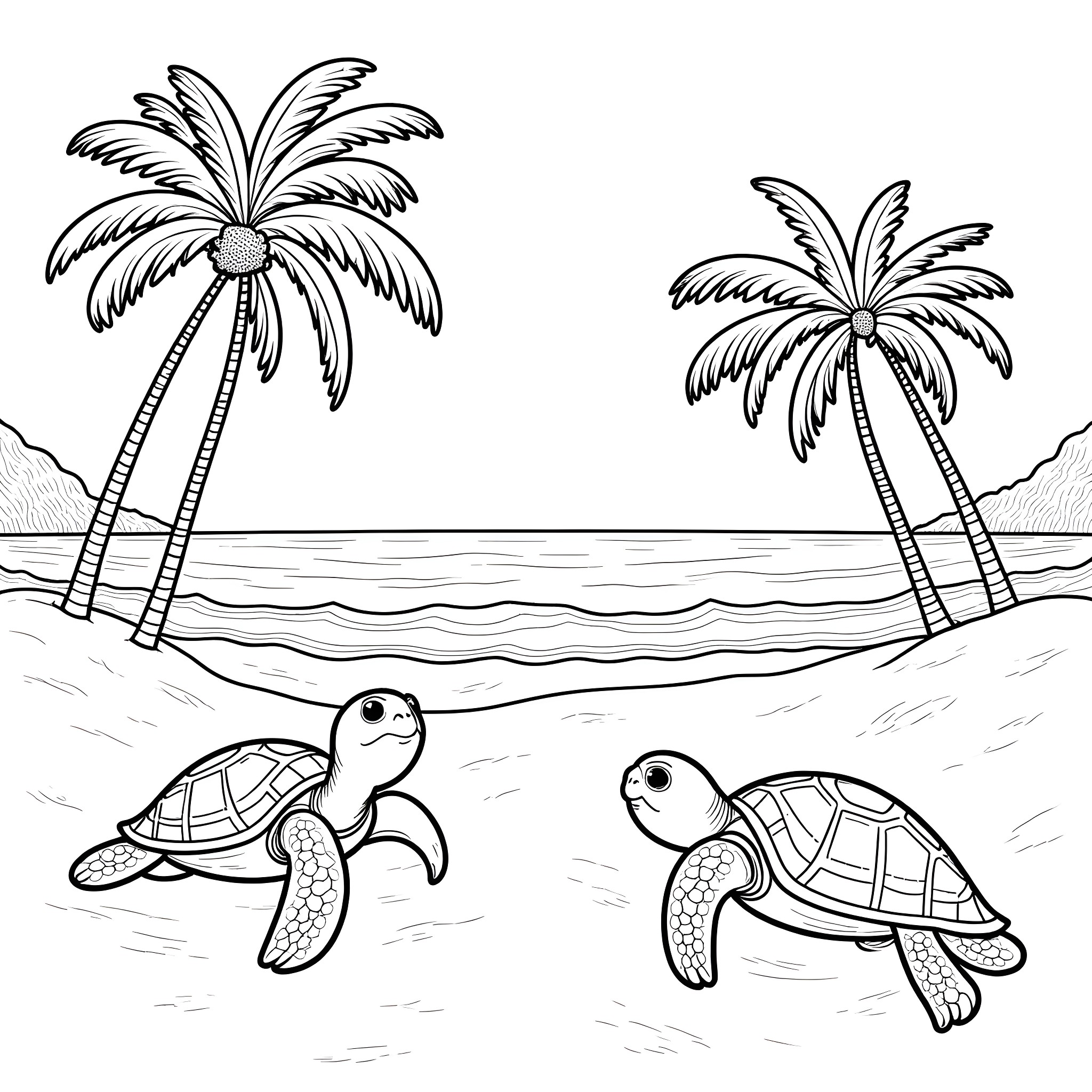 Turtle enjoying the tropical beach scene Coloring Page (free black-and-white line drawing printable PDF for all, from beginners to advanced learners, including children, teens, adults, and seniors)