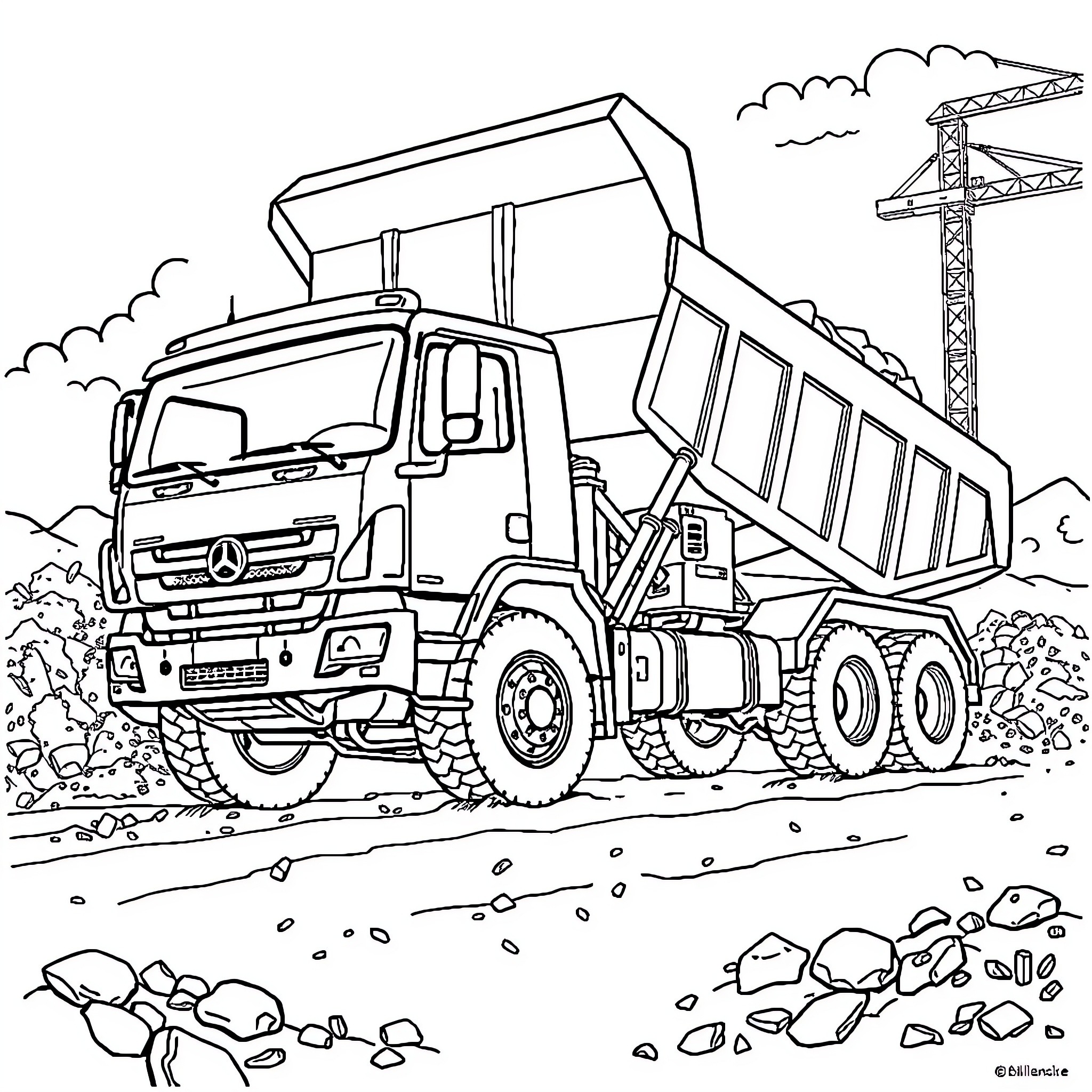 Dump Truck Hauling Materials on Construction Site Coloring Page (free black-and-white line drawing printable PDF for all, from beginners to advanced learners, including children, teens, adults, and seniors)