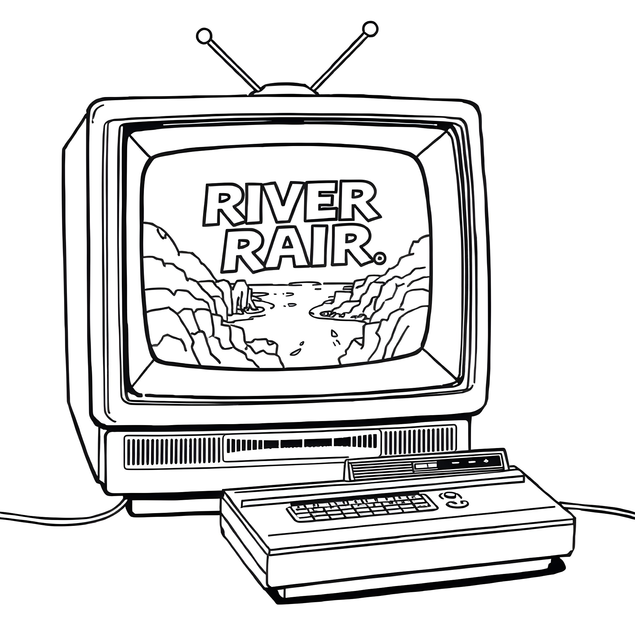 TV showing an old video game or program Coloring Page (free black-and-white line drawing printable PDF for all, from beginners to advanced learners, including children, teens, adults, and seniors)