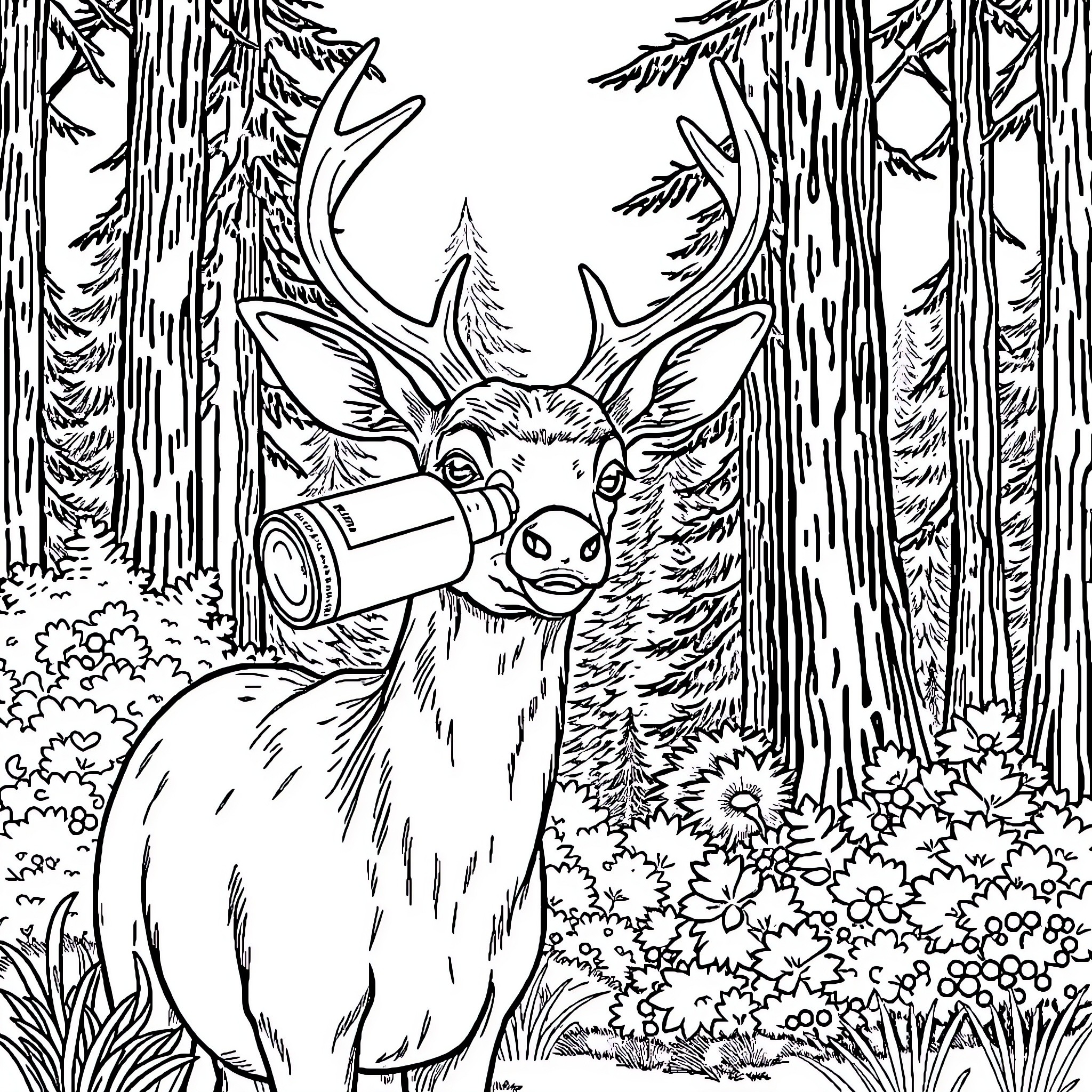 Deer drinking water in the forest Coloring Page (free black-and-white line drawing printable PDF for all, from beginners to advanced learners, including children, teens, adults, and seniors)