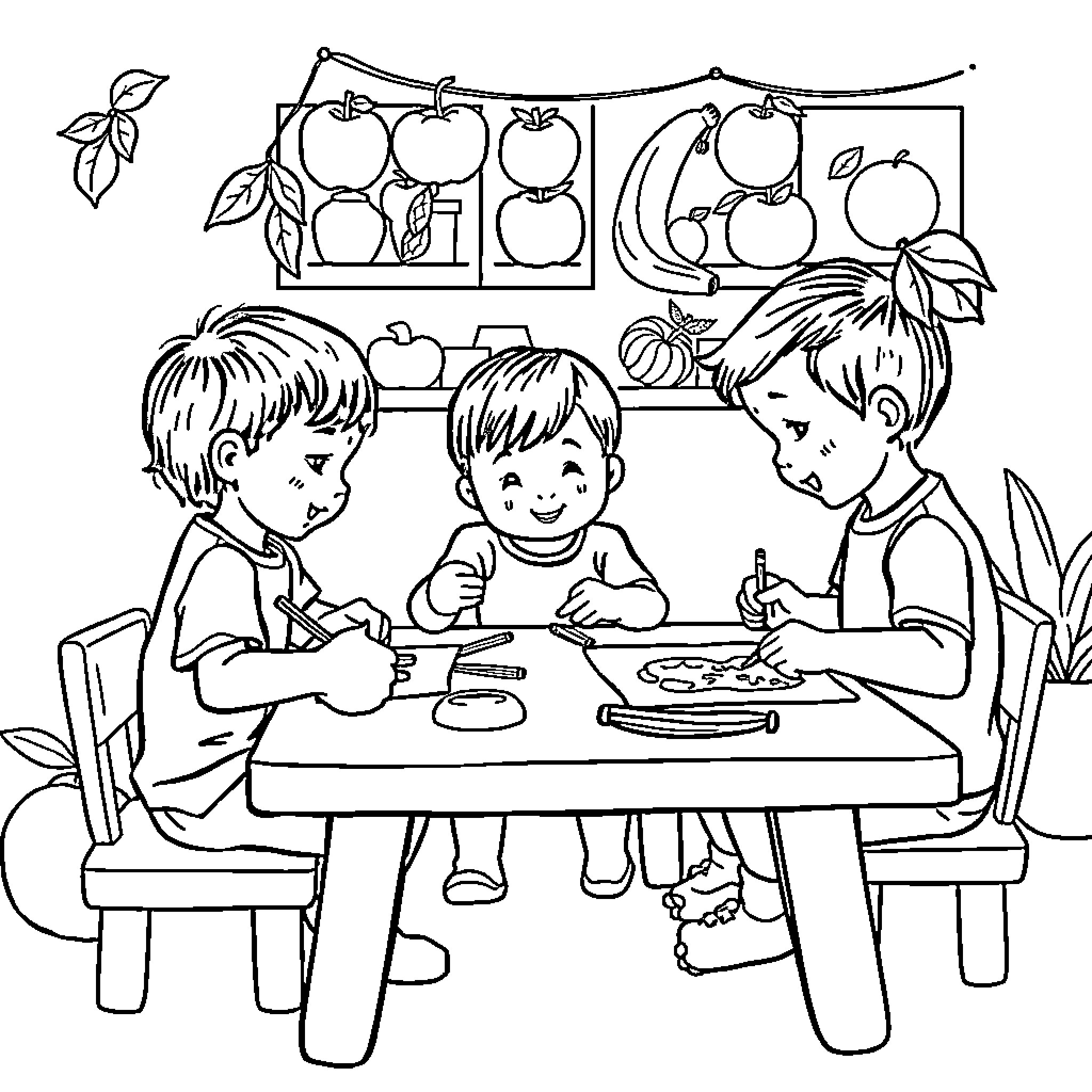 Fruit and Friends Crafting Together Coloring Page (free black-and-white line drawing printable PDF for all, from beginners to advanced learners, including children, teens, adults, and seniors)
