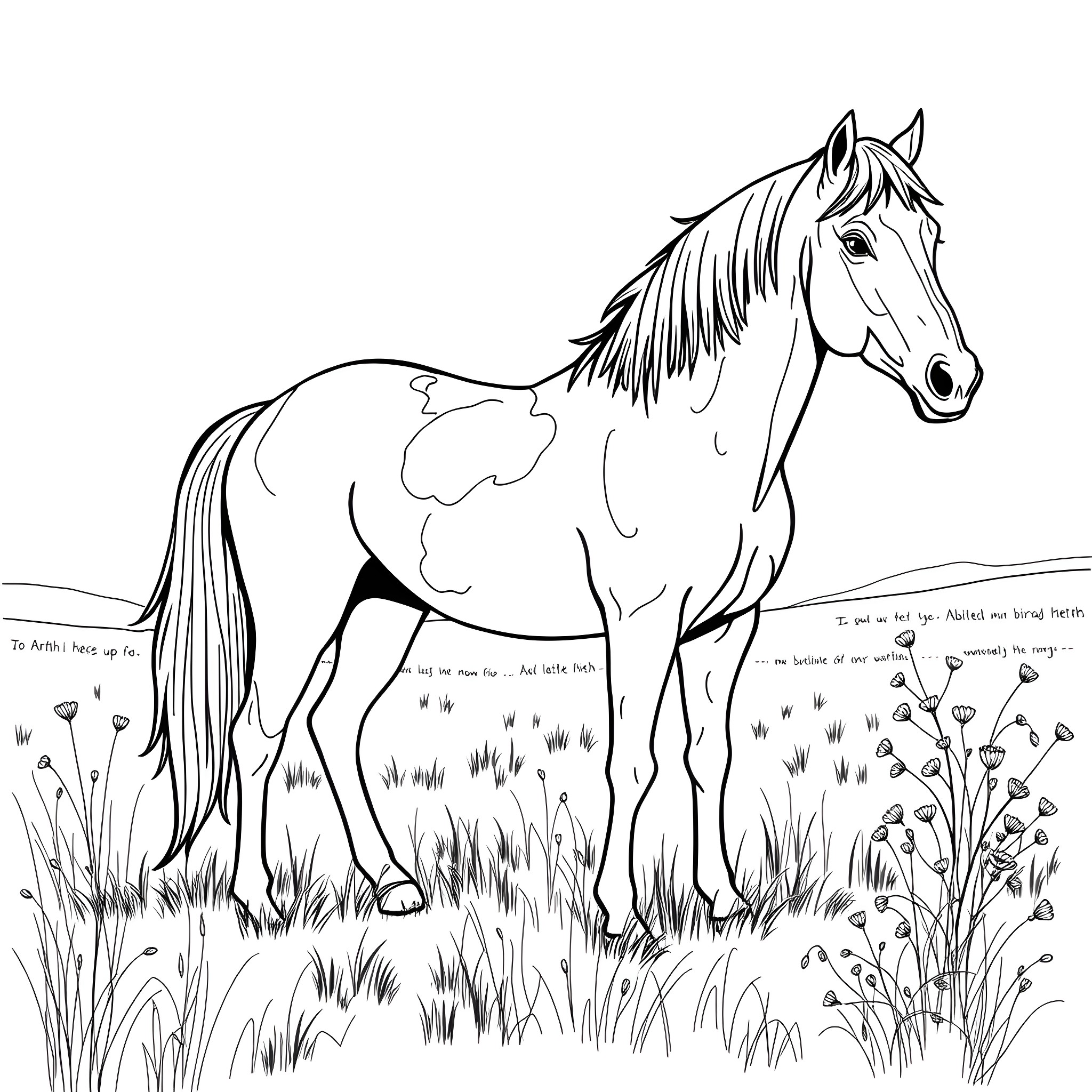 Horse standing in a grassy field Coloring Page (free black-and-white line drawing printable PDF for all, from beginners to advanced learners, including children, teens, adults, and seniors)