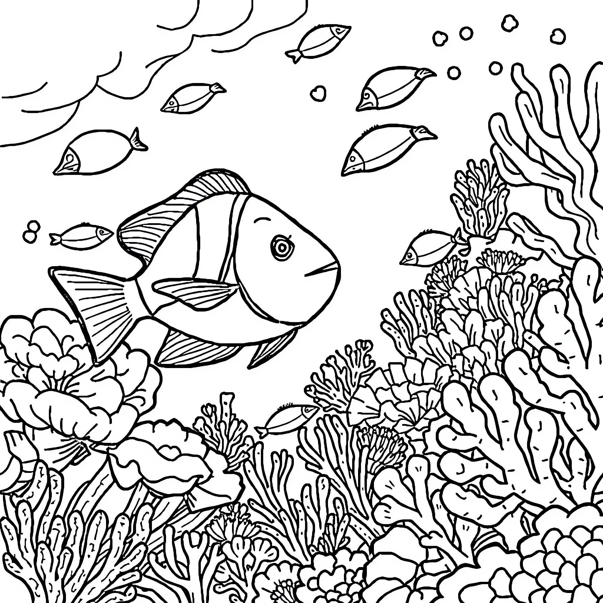 Animal ocean life with vibrant sea creatures Coloring Page (free black-and-white line drawing printable PDF for all, from beginners to advanced learners, including children, teens, adults, and seniors)