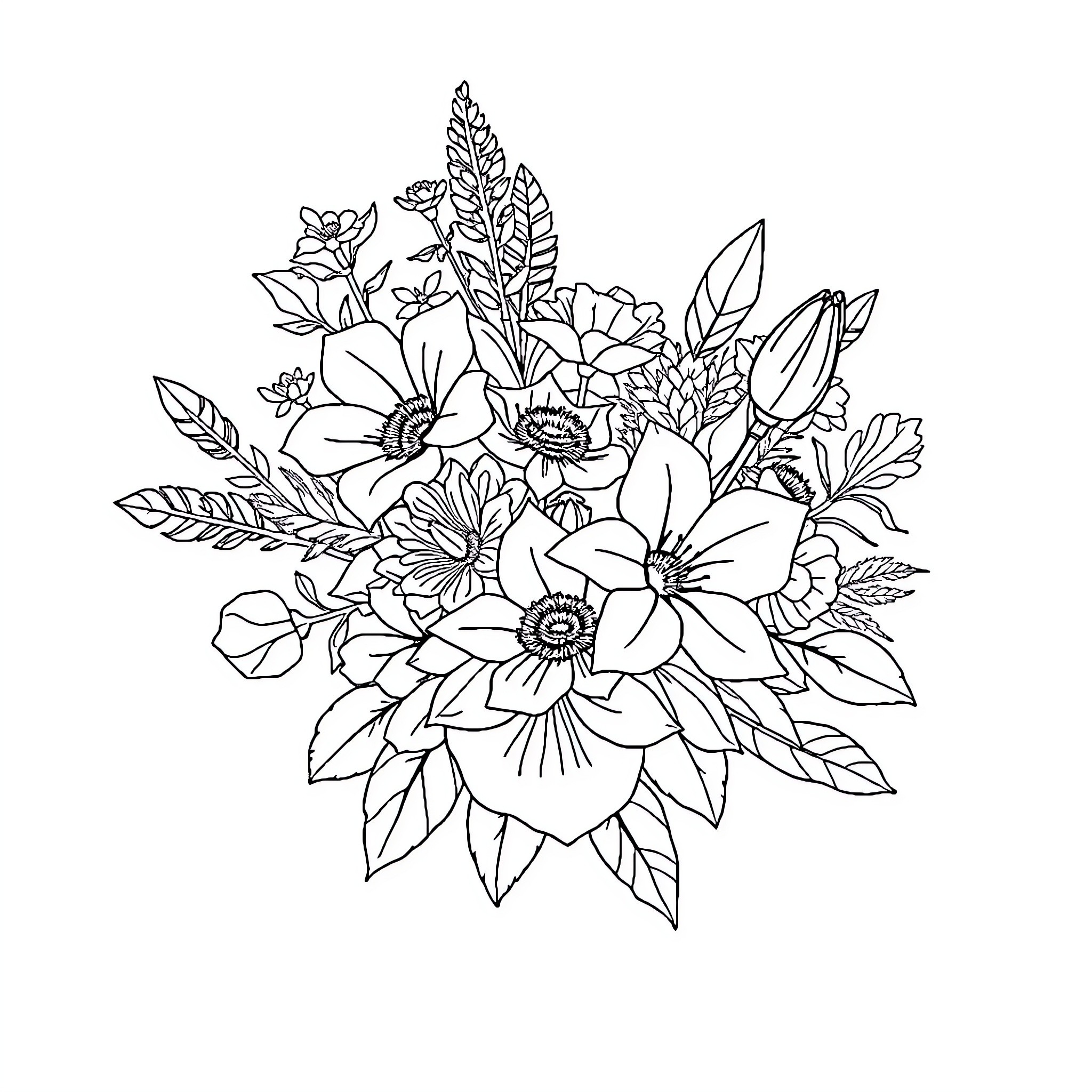 Flower Bouquet Filled with Beautiful Blossoms Coloring Page (free black-and-white line drawing printable PDF for all, from beginners to advanced learners, including children, teens, adults, and seniors)