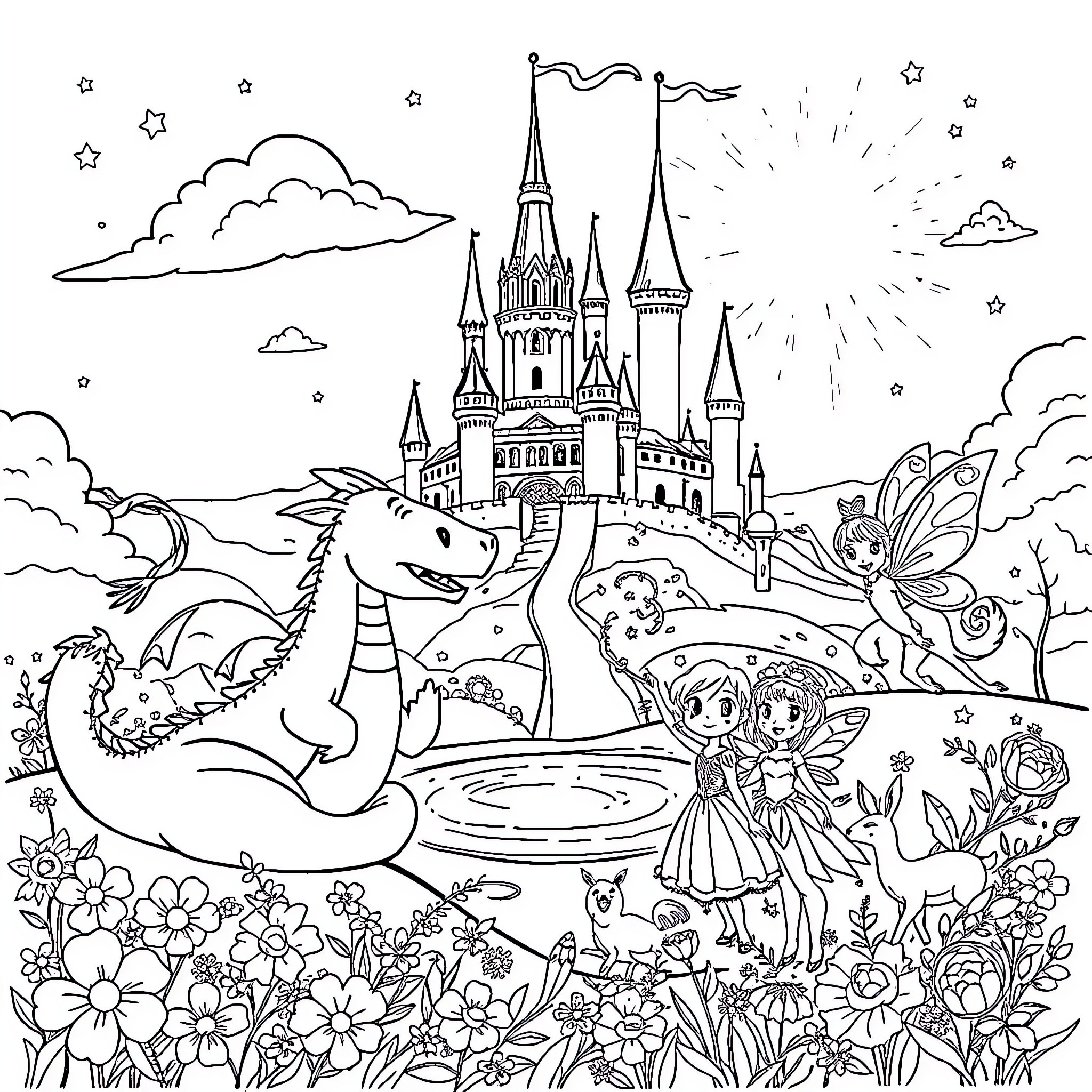 Fairytale Kingdom with Magical Creatures and Whimsical Scenes Coloring Page (free black-and-white line drawing printable PDF for all, from beginners to advanced learners, including children, teens, adults, and seniors)