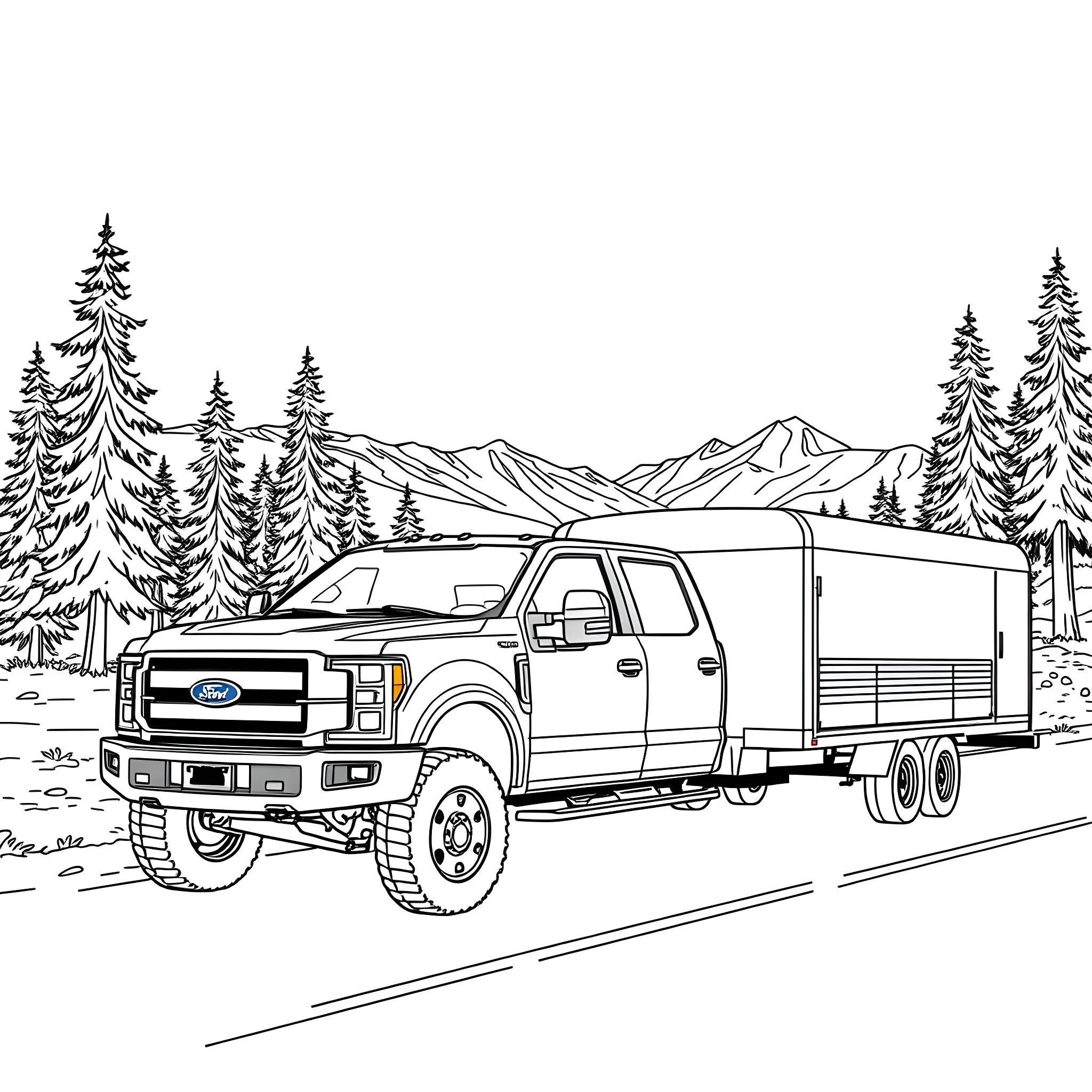Pickup truck hauling trailer through rural landscape Coloring Page (free black-and-white line drawing printable PDF for all, from beginners to advanced learners, including children, teens, adults, and seniors)