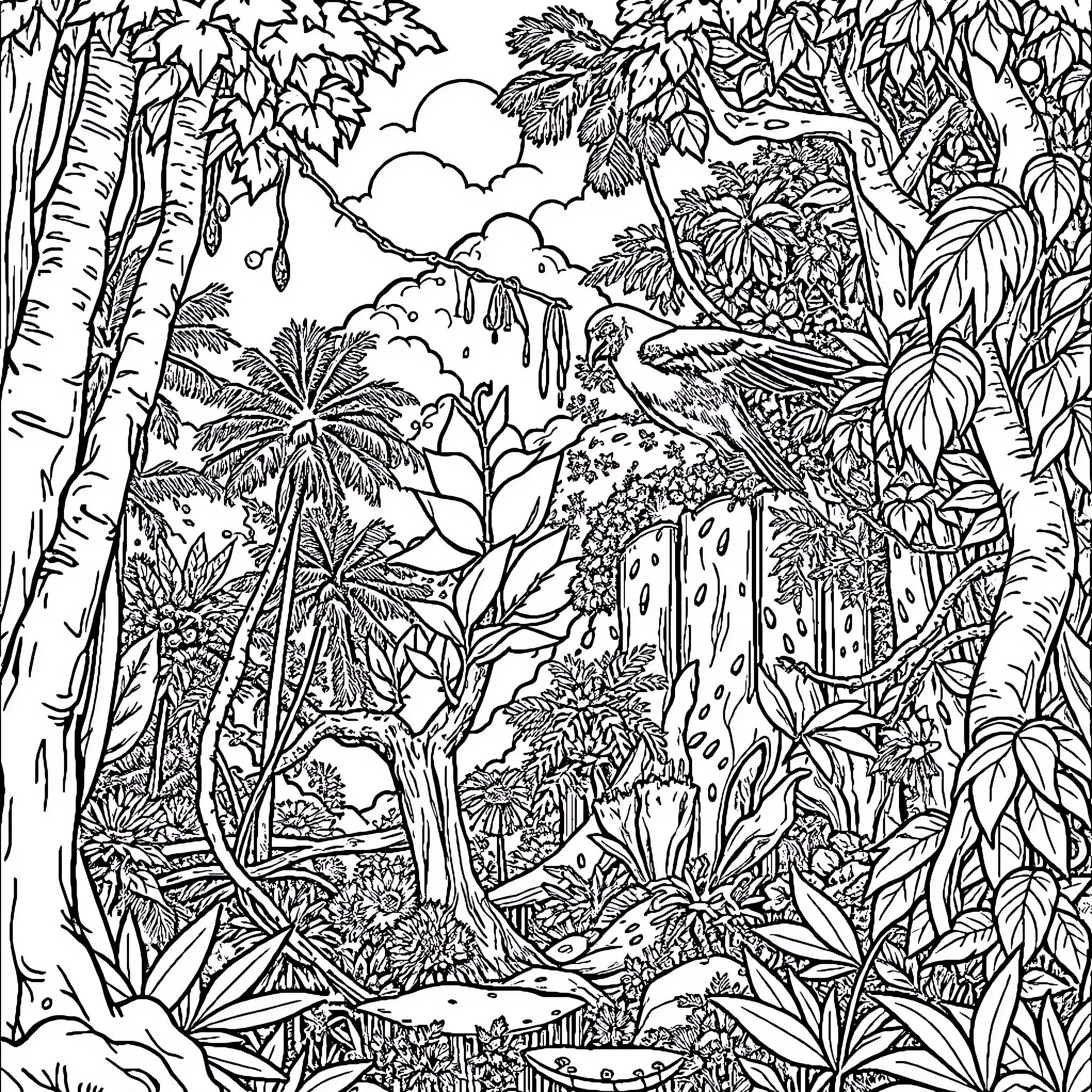 Bear exploring the lush tropical jungle Coloring Page (free black-and-white line drawing printable PDF for all, from beginners to advanced learners, including children, teens, adults, and seniors)