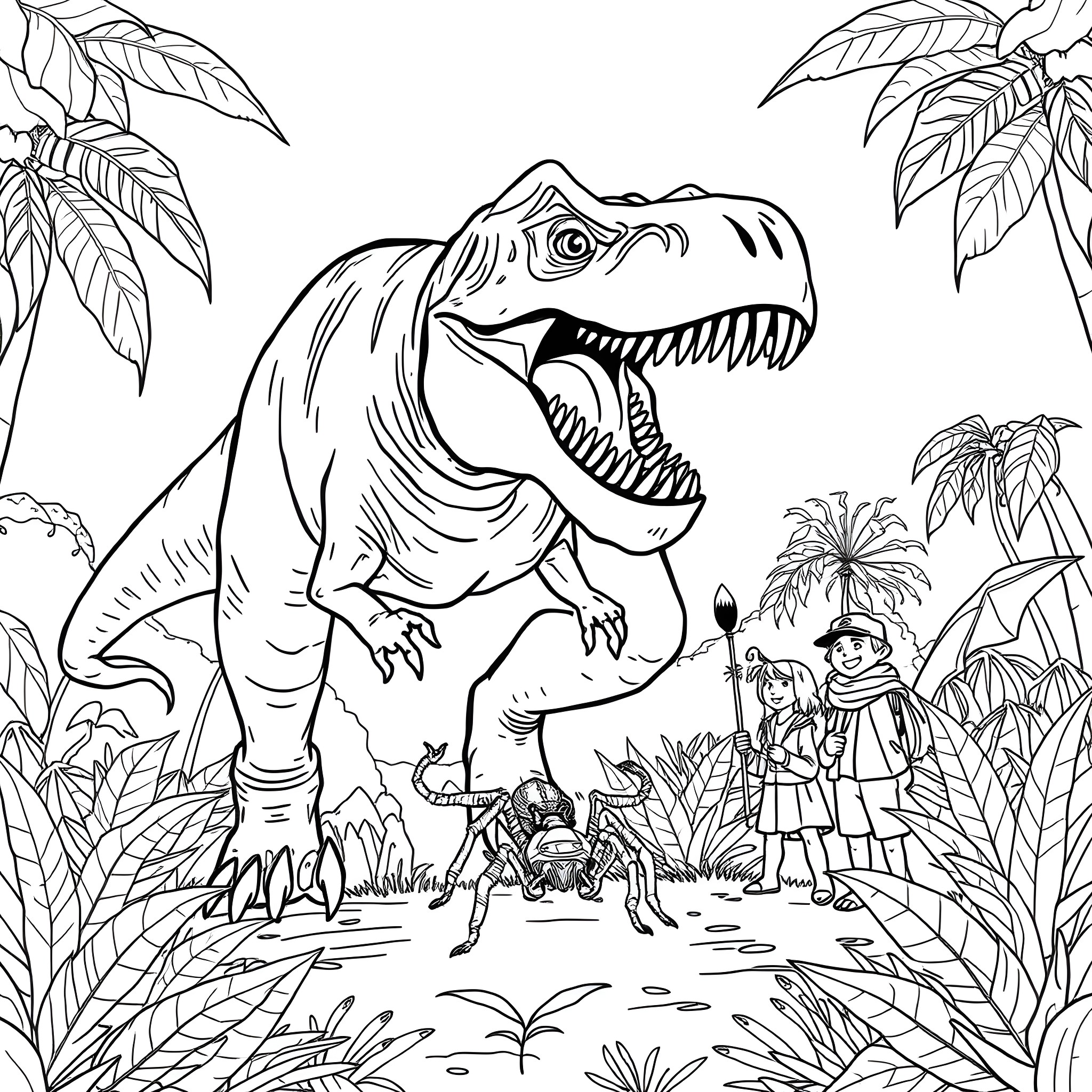 T-Rex roaring in the lush jungle with explorers Coloring Page (free black-and-white line drawing printable PDF for all, from beginners to advanced learners, including children, teens, adults, and seniors)