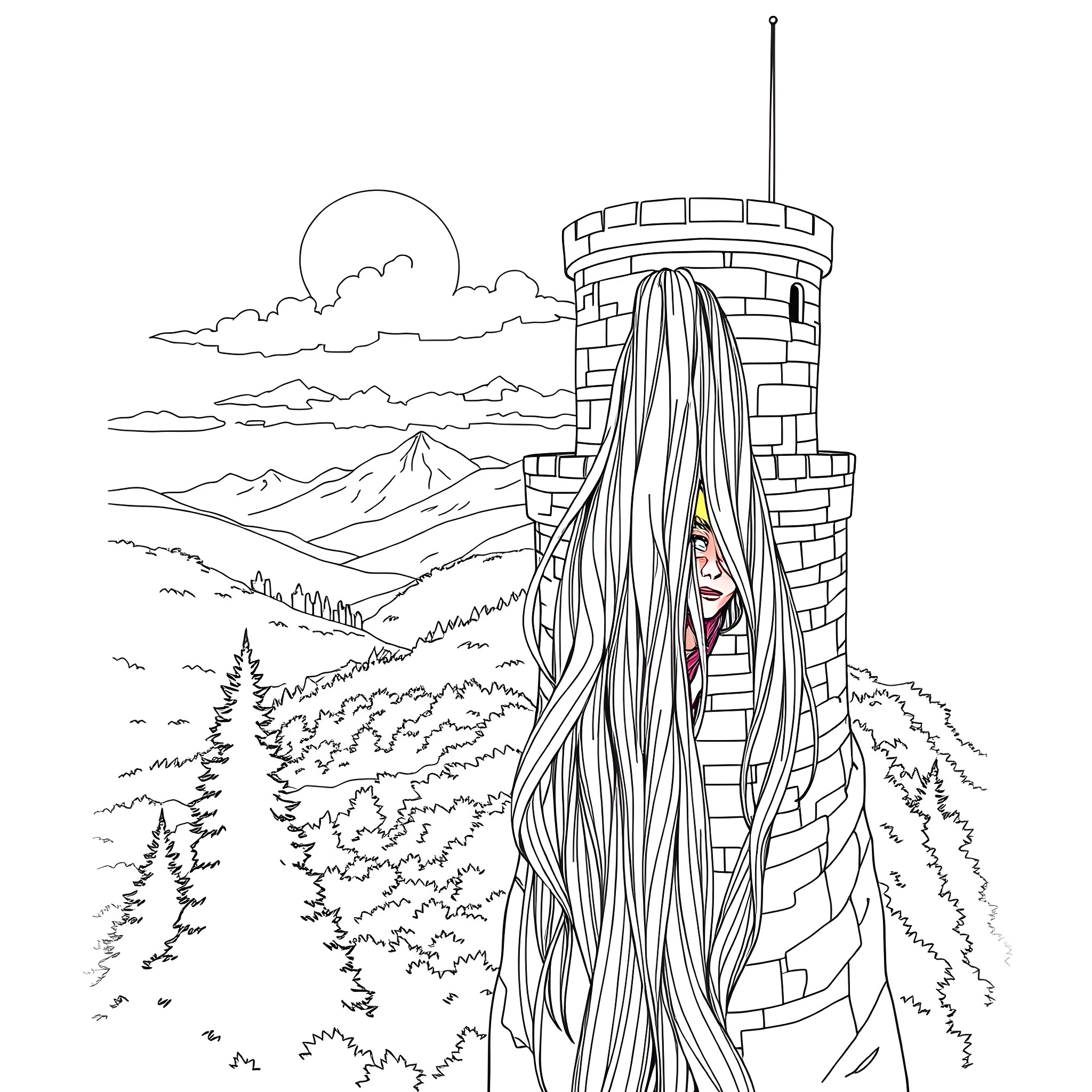 Rapunzel looking out from the castle tower Coloring Page (free black-and-white line drawing printable PDF for all, from beginners to advanced learners, including children, teens, adults, and seniors)