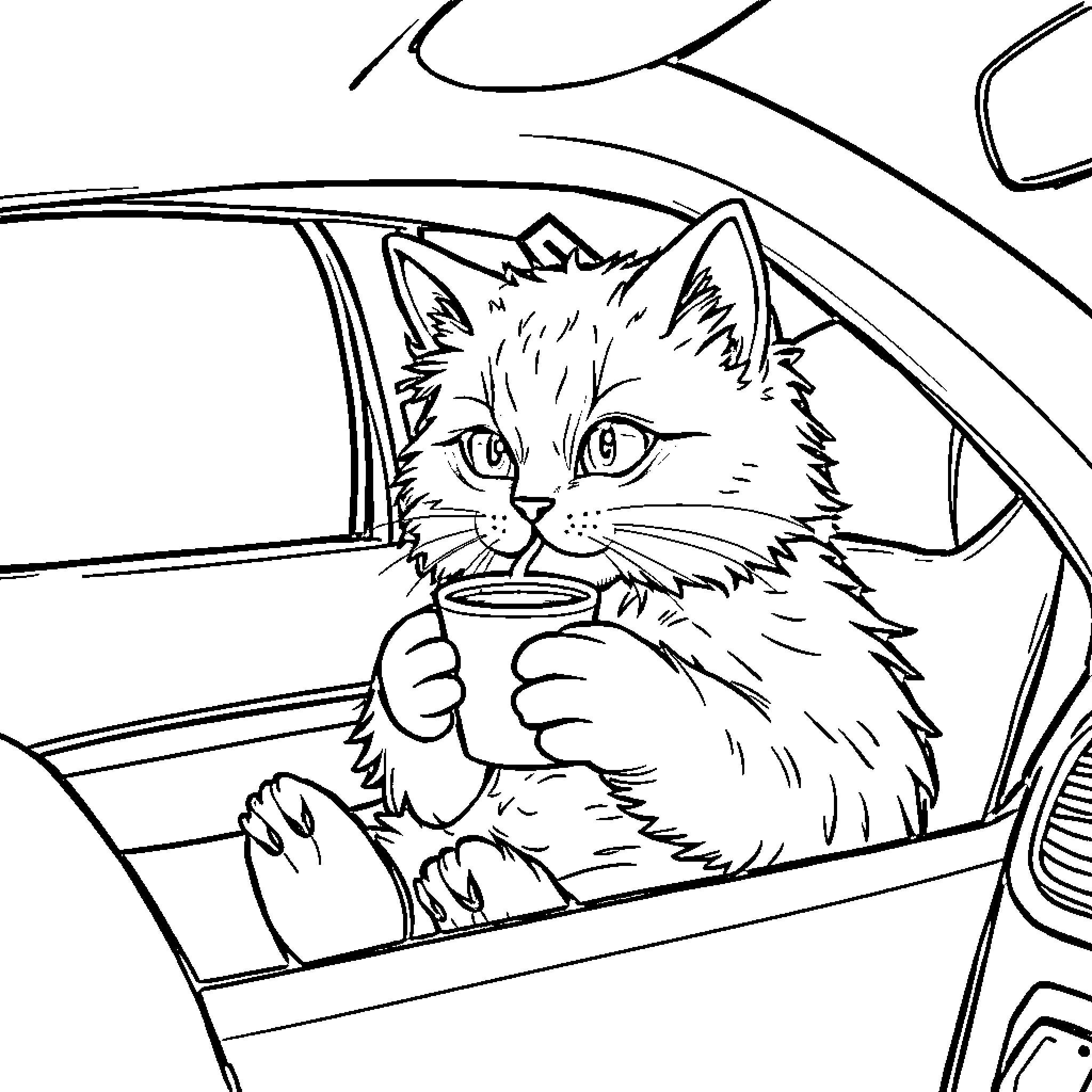 Cat driving a car while drinking coffee Coloring Page (free black-and-white line drawing printable PDF for all, from beginners to advanced learners, including children, teens, adults, and seniors)