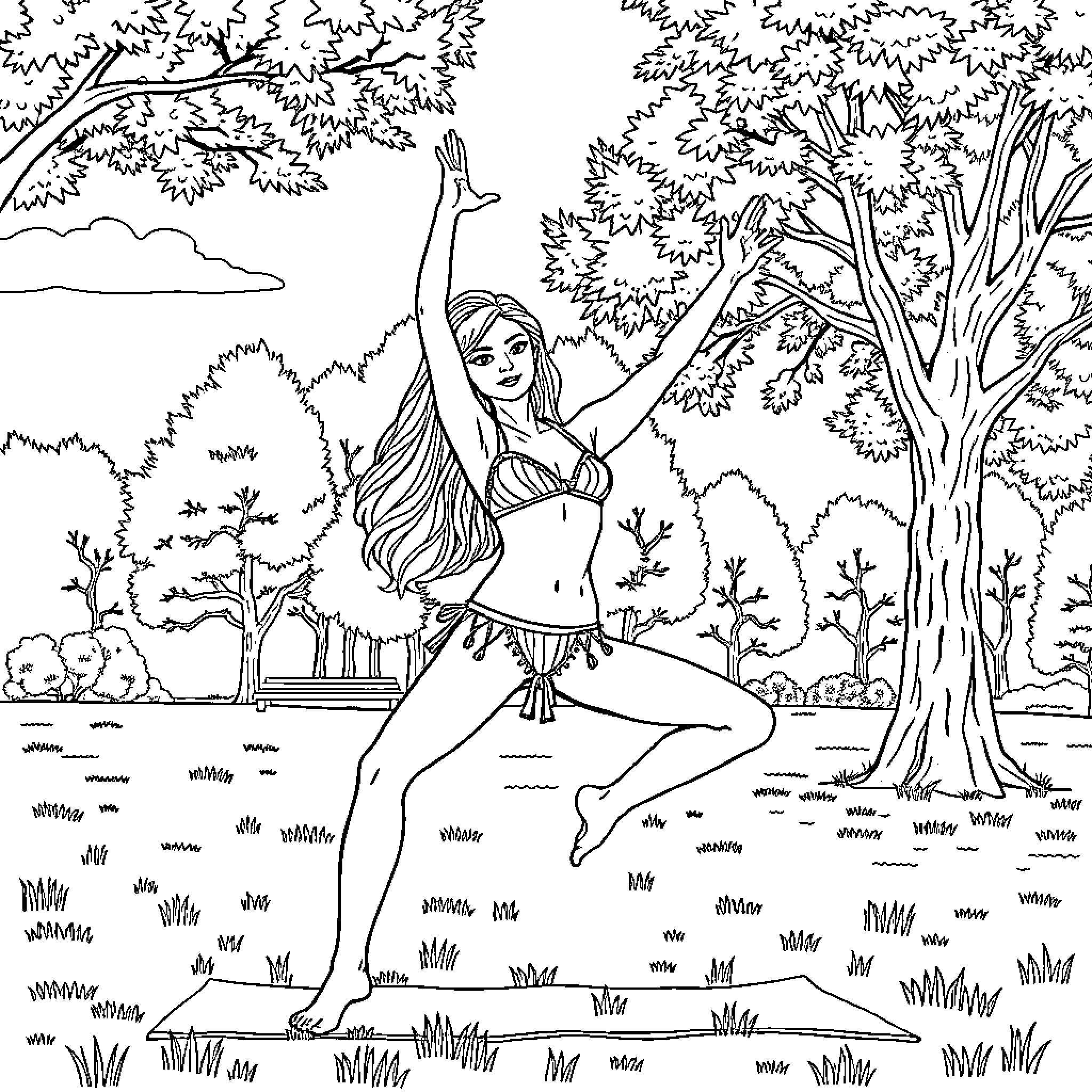 Else Dancing Gracefully in Woodland Scenery Coloring Page (free black-and-white line drawing printable PDF for all, from beginners to advanced learners, including children, teens, adults, and seniors)