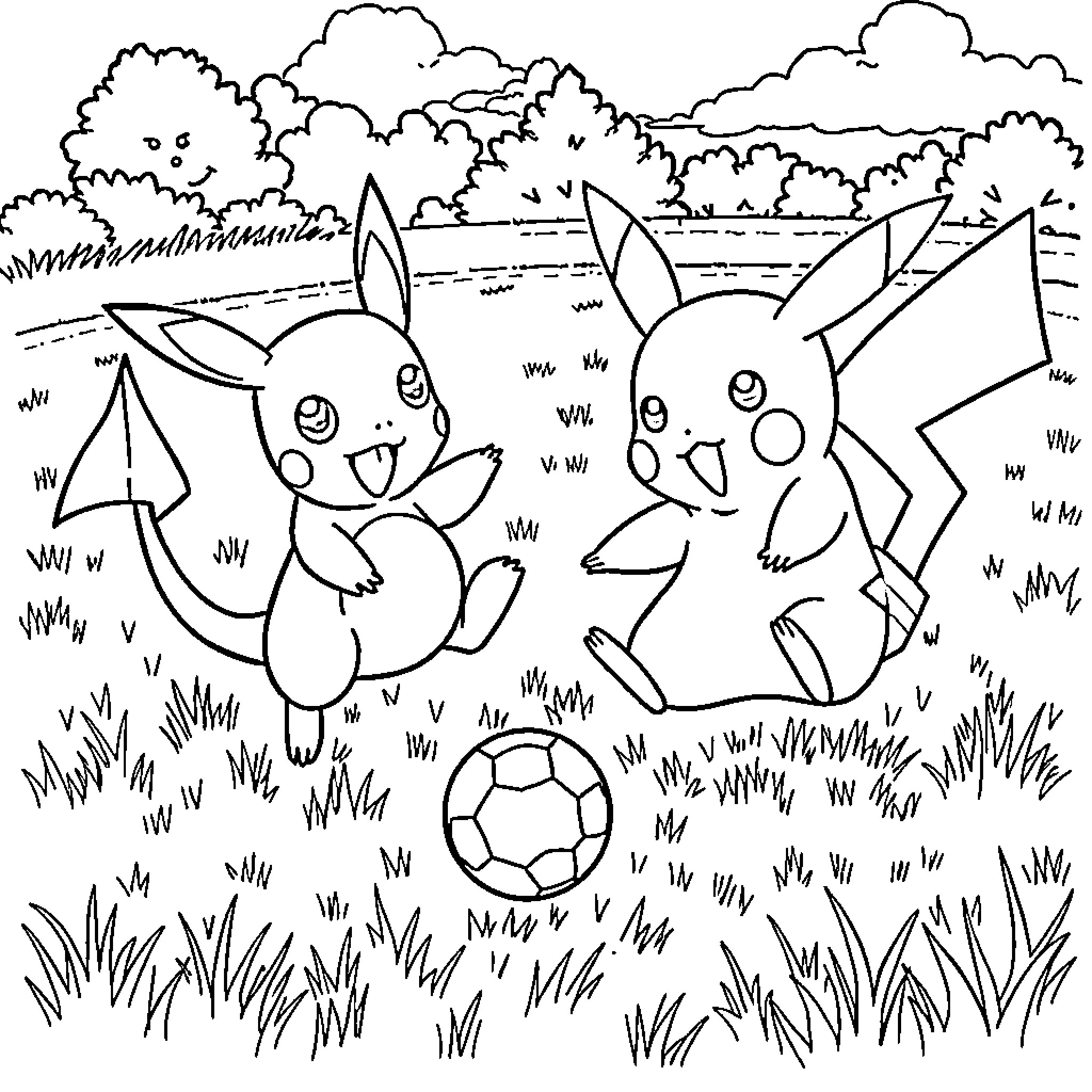 Pikachu and friends playing with a soccer ball in the park Coloring Page (free black-and-white line drawing printable PDF for all, from beginners to advanced learners, including children, teens, adults, and seniors)