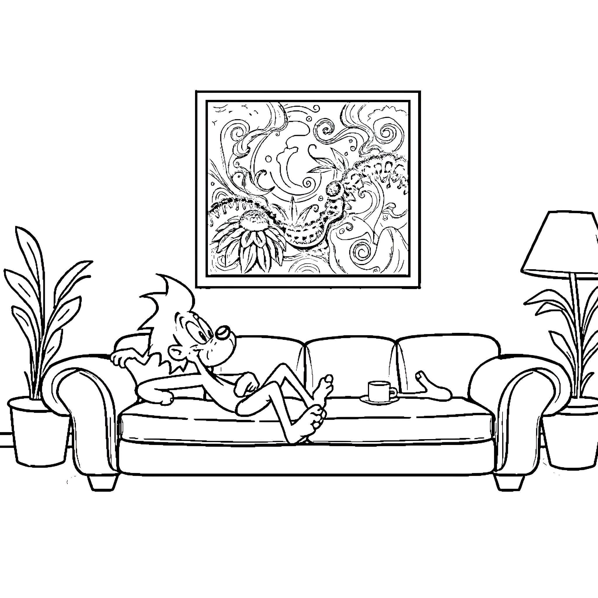 Ren and Stimpy enjoying a relaxing day at home Coloring Page (free black-and-white line drawing printable PDF for all, from beginners to advanced learners, including children, teens, adults, and seniors)