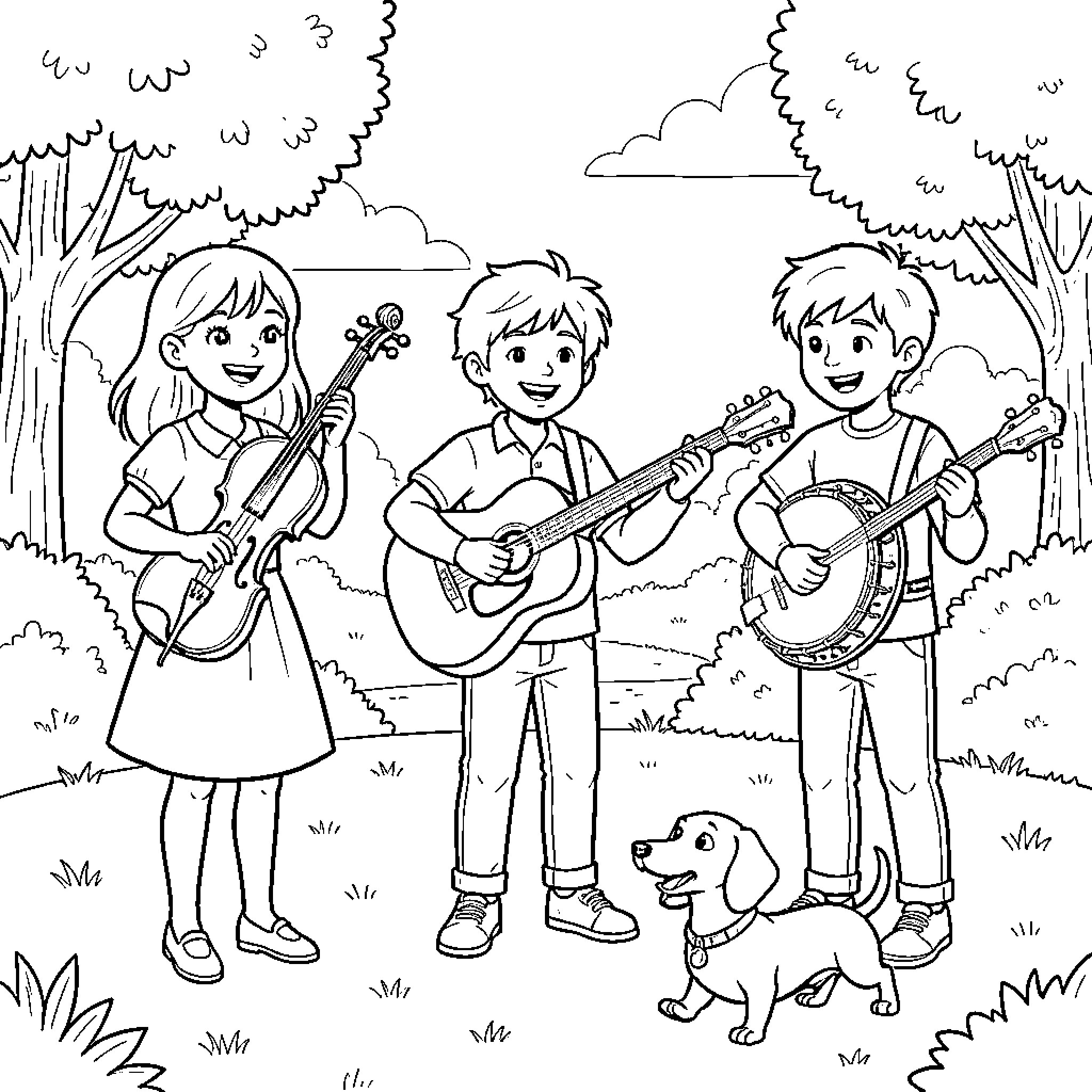 Girl Musicians Performing in the Forest Coloring Page (free black-and-white line drawing printable PDF for all, from beginners to advanced learners, including children, teens, adults, and seniors)