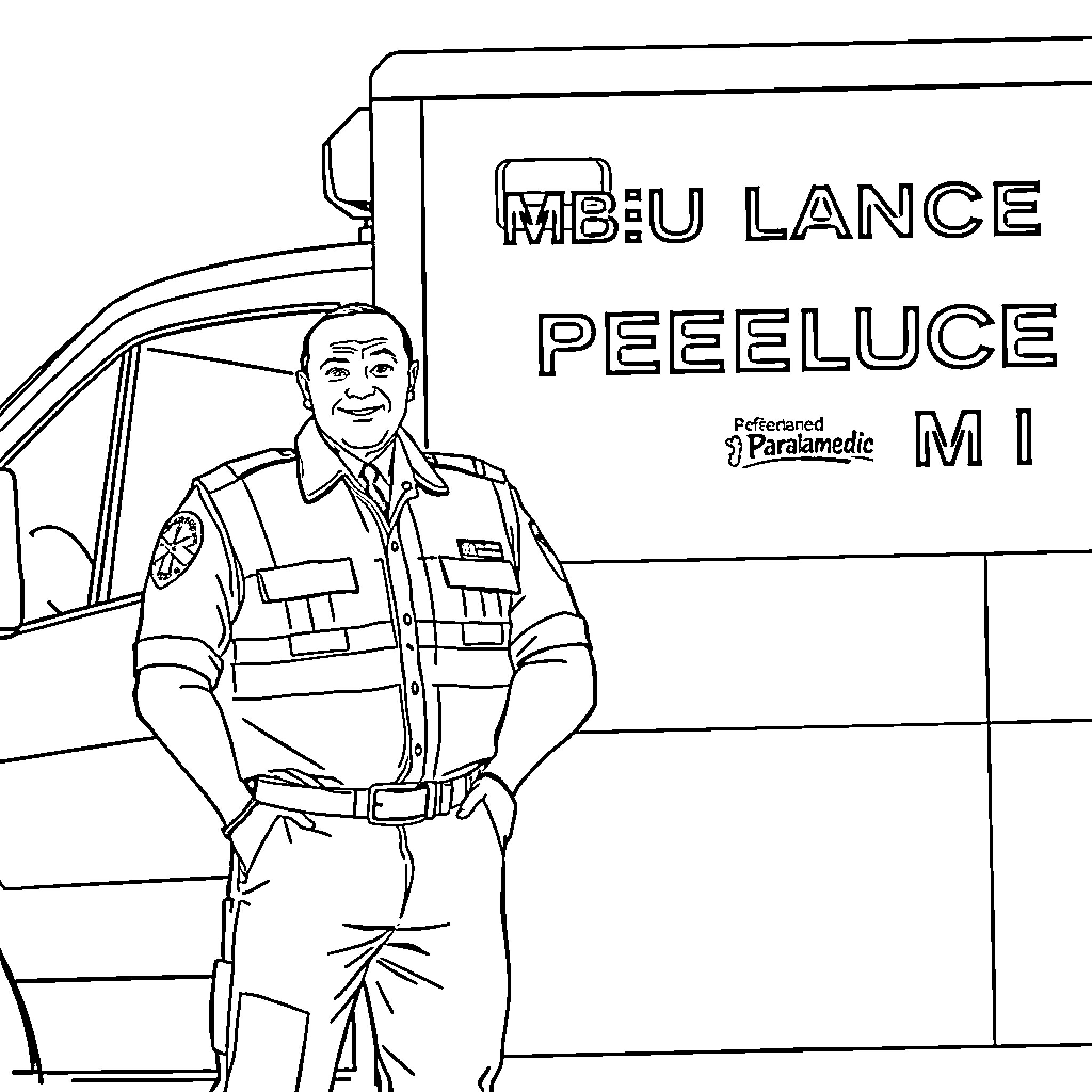 Paramedic posing beside an ambulance Coloring Page (free black-and-white line drawing printable PDF for all, from beginners to advanced learners, including children, teens, adults, and seniors)