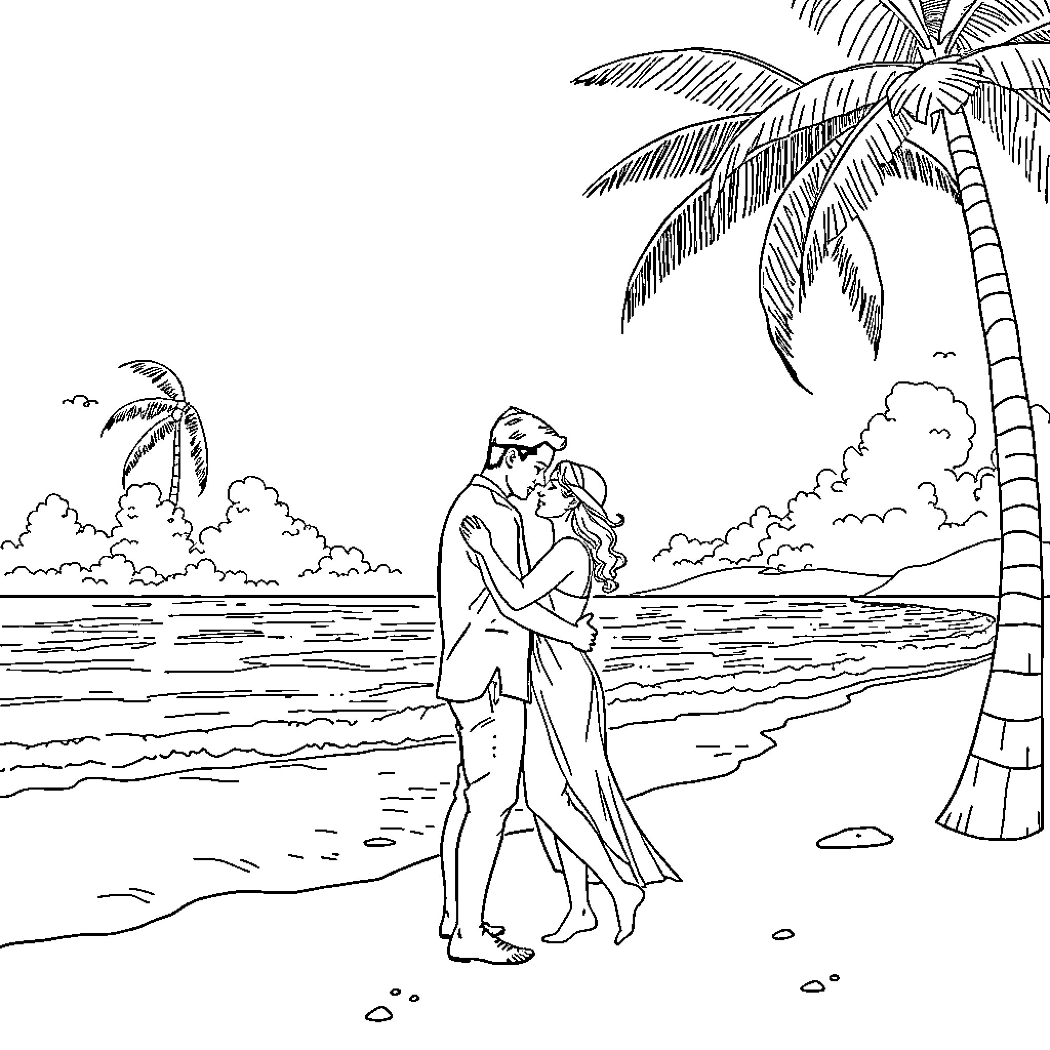 Couple embracing on a tropical beach Coloring Page (free black-and-white line drawing printable PDF for all, from beginners to advanced learners, including children, teens, adults, and seniors)