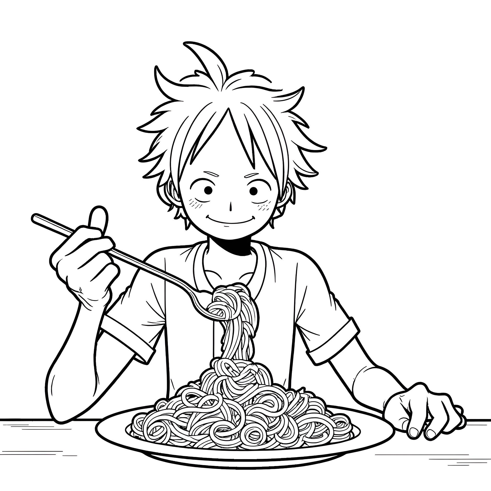 Luffy happily enjoying a plate of noodles Coloring Page (free black-and-white line drawing printable PDF for all, from beginners to advanced learners, including children, teens, adults, and seniors)