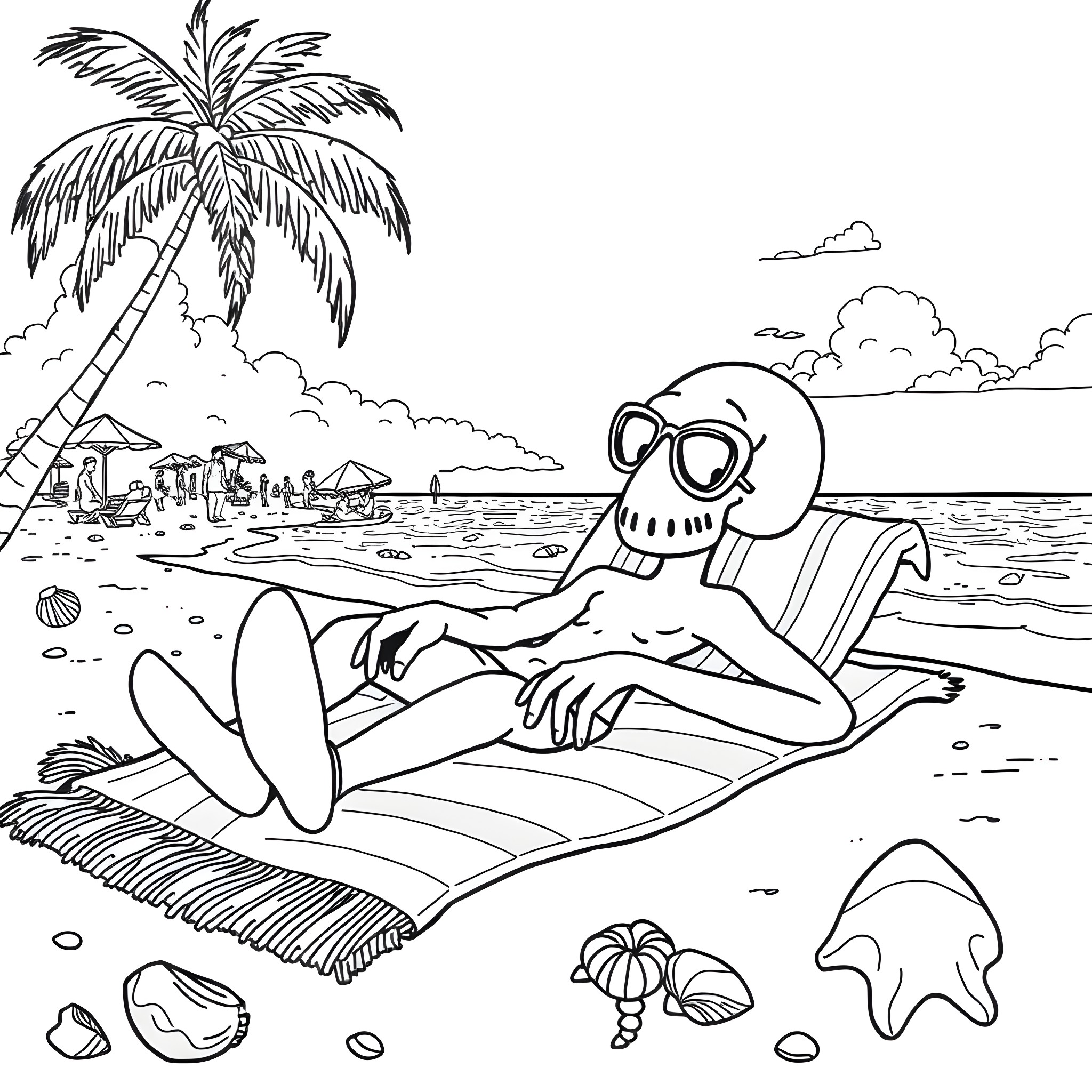 Squid Game Guard relaxing on the beach Coloring Page (free black-and-white line drawing printable PDF for all, from beginners to advanced learners, including children, teens, adults, and seniors)