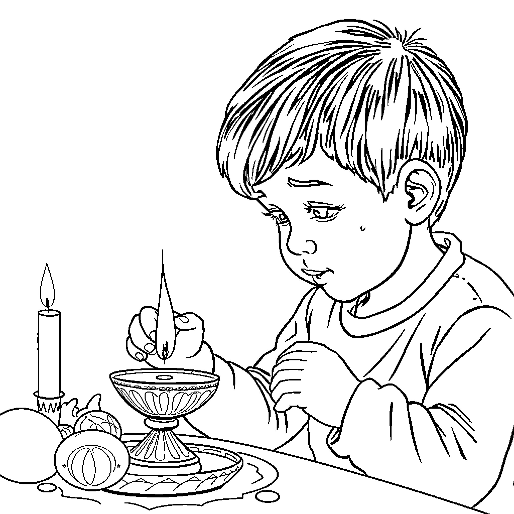 Kid enjoying a birthday cake Coloring Page (free black-and-white line drawing printable PDF for all, from beginners to advanced learners, including children, teens, adults, and seniors)
