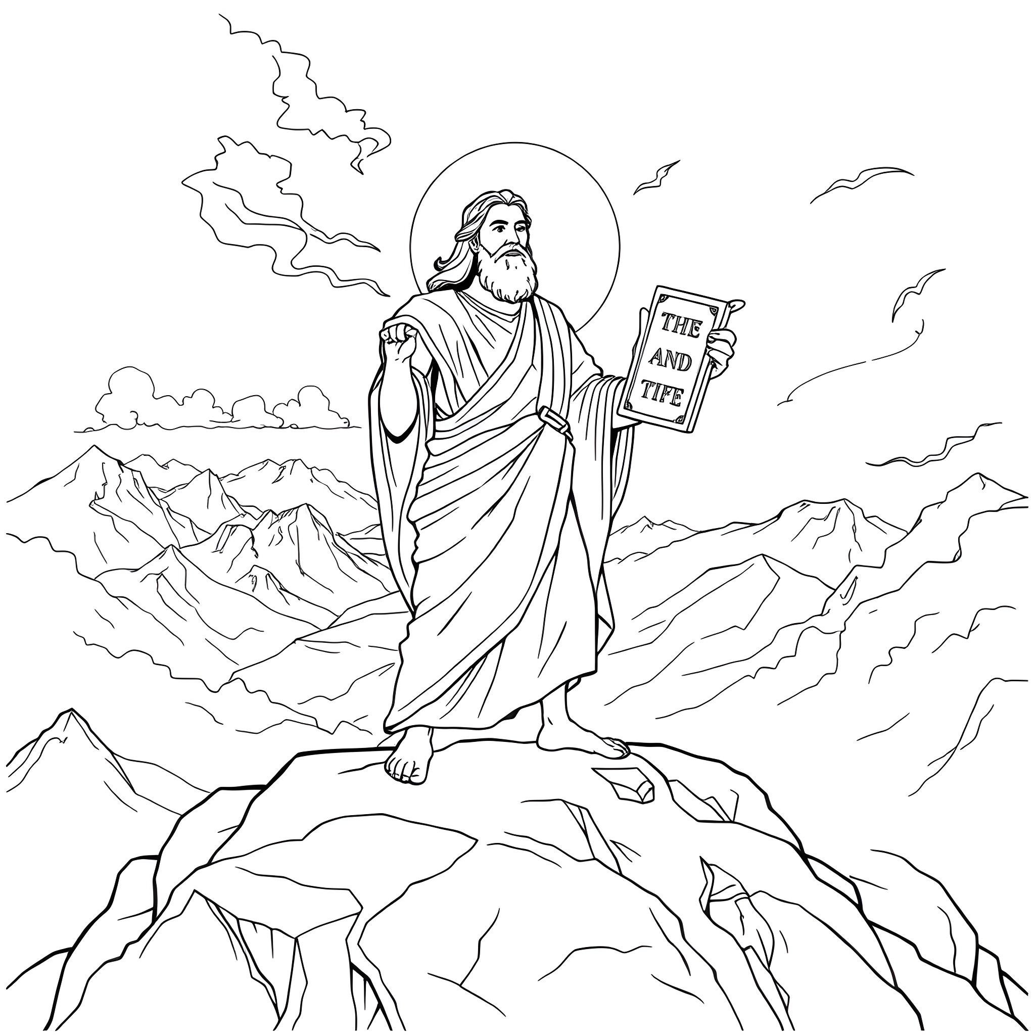 Moses Stands Tall Holding The Law on Mountain Coloring Page (free black-and-white line drawing printable PDF for all, from beginners to advanced learners, including children, teens, adults, and seniors)