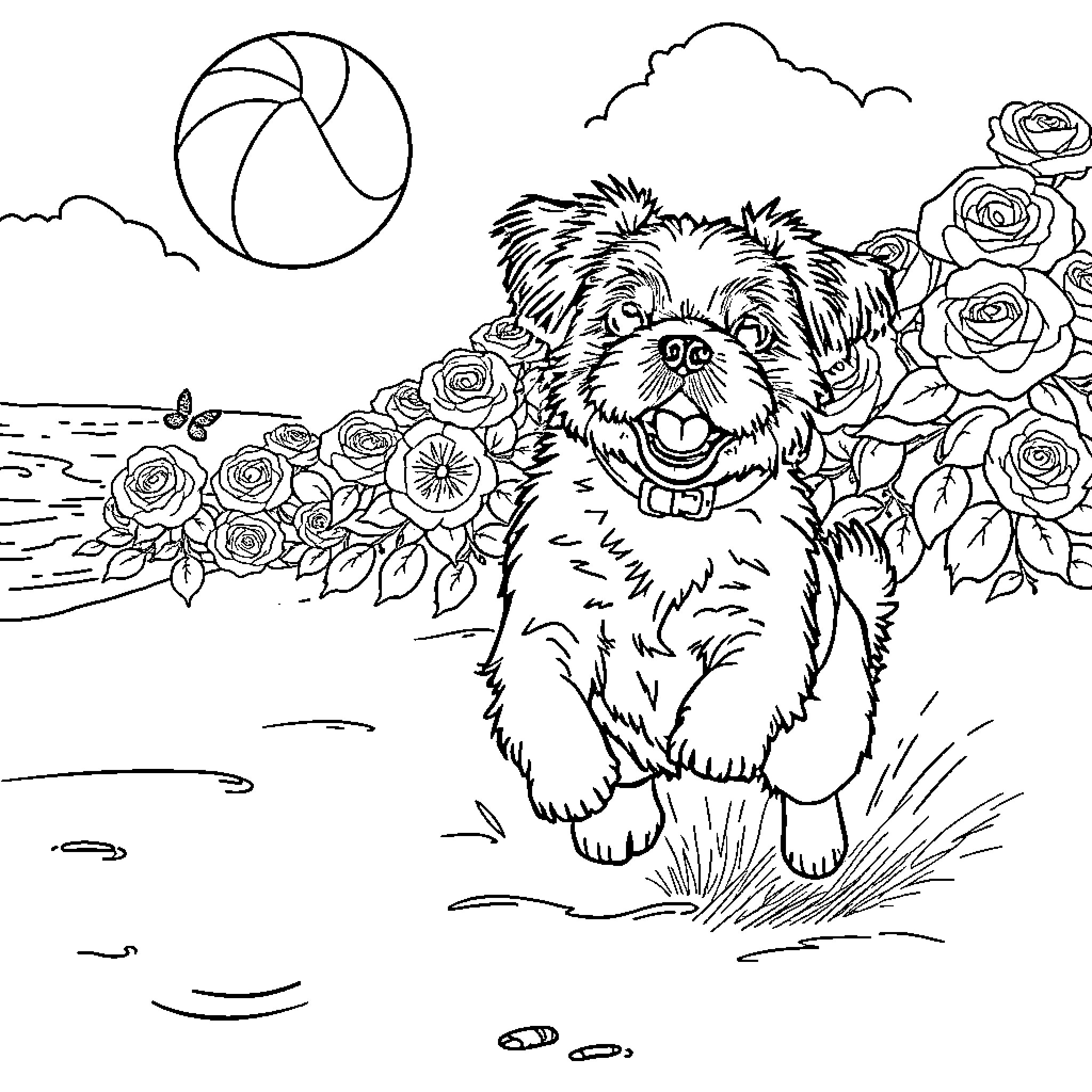 Shih Tzu surrounded by blooming roses in the park Coloring Page (free black-and-white line drawing printable PDF for all, from beginners to advanced learners, including children, teens, adults, and seniors)
