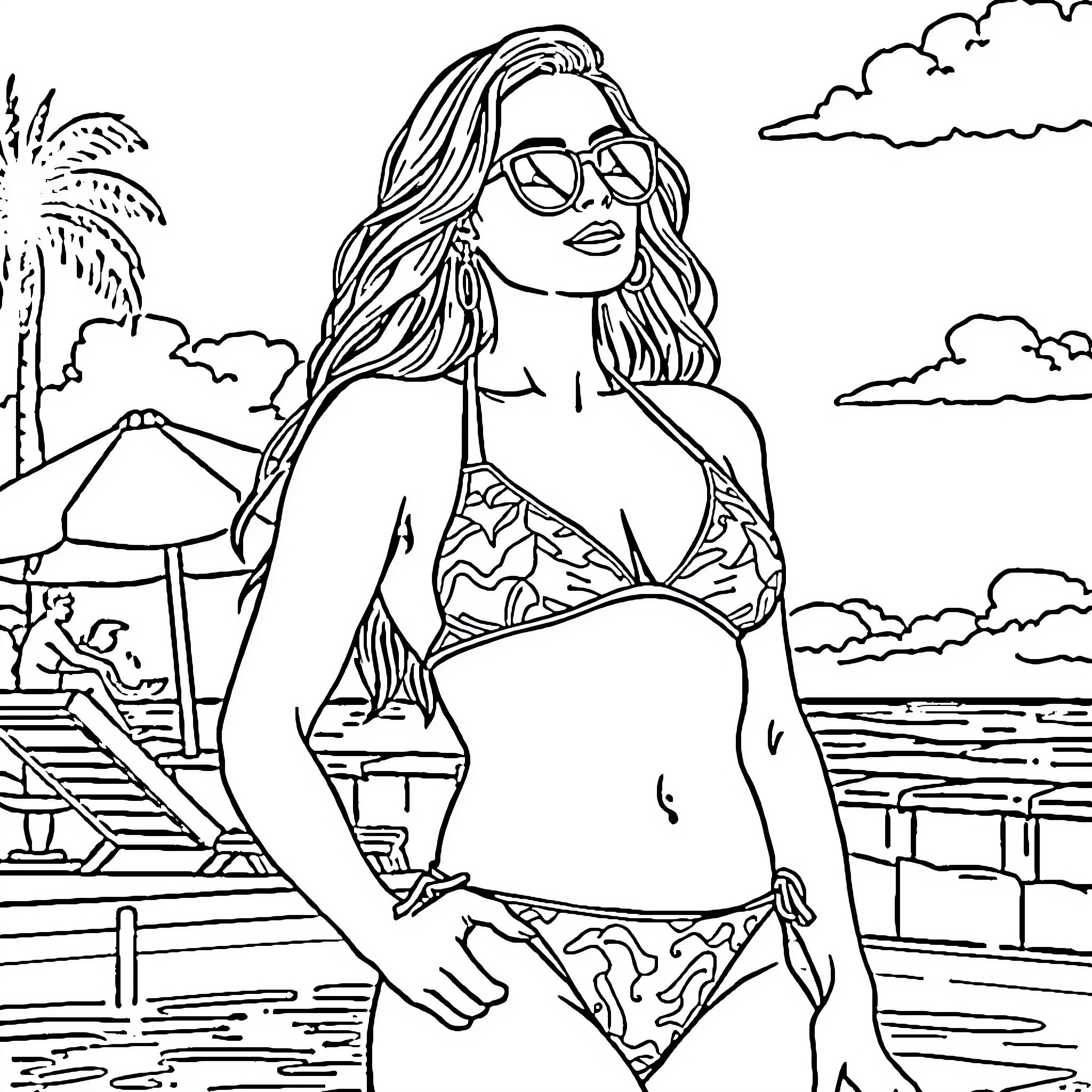 Sarah Miller enjoying a sunny day at the beach Coloring Page (free black-and-white line drawing printable PDF for all, from beginners to advanced learners, including children, teens, adults, and seniors)