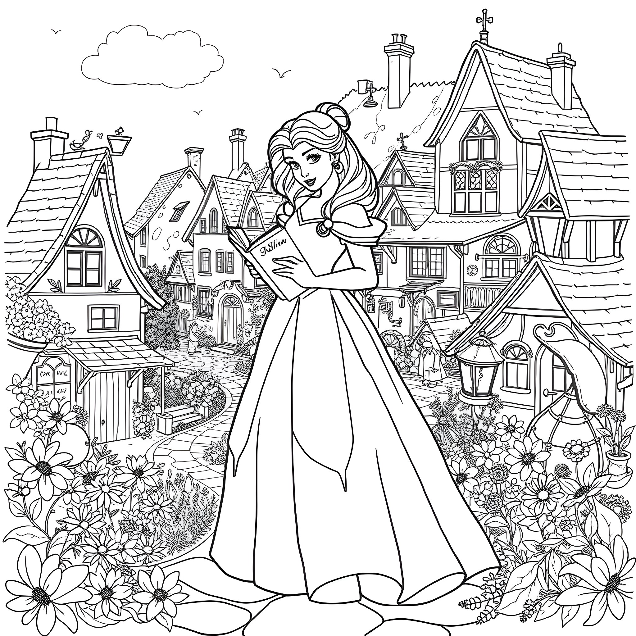 Belle Exploring the Charming Village Coloring Page (free black-and-white line drawing printable PDF for all, from beginners to advanced learners, including children, teens, adults, and seniors)