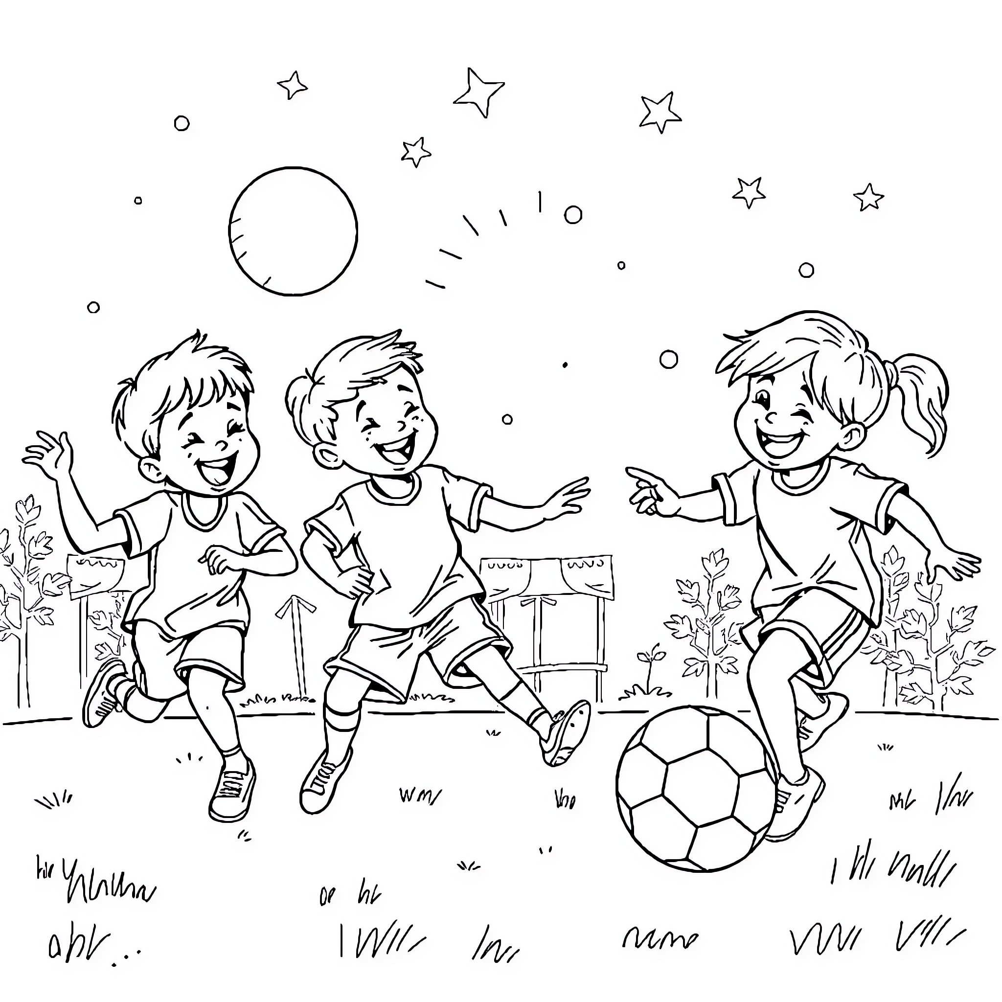 Football Fun and Games on the Playground Coloring Page (free black-and-white line drawing printable PDF for all, from beginners to advanced learners, including children, teens, adults, and seniors)