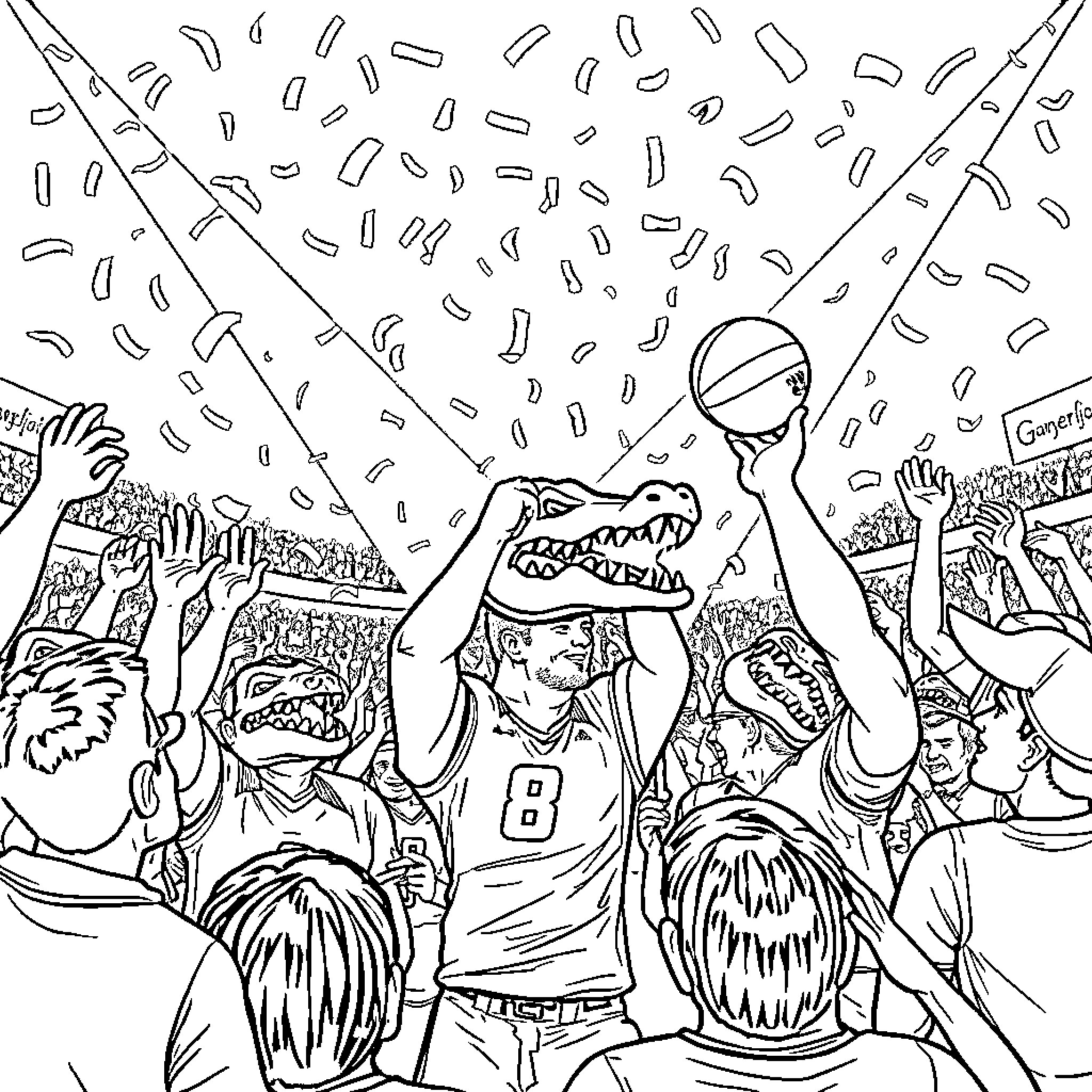 Gator fans celebrating at the big game Coloring Page (free black-and-white line drawing printable PDF for all, from beginners to advanced learners, including children, teens, adults, and seniors)
