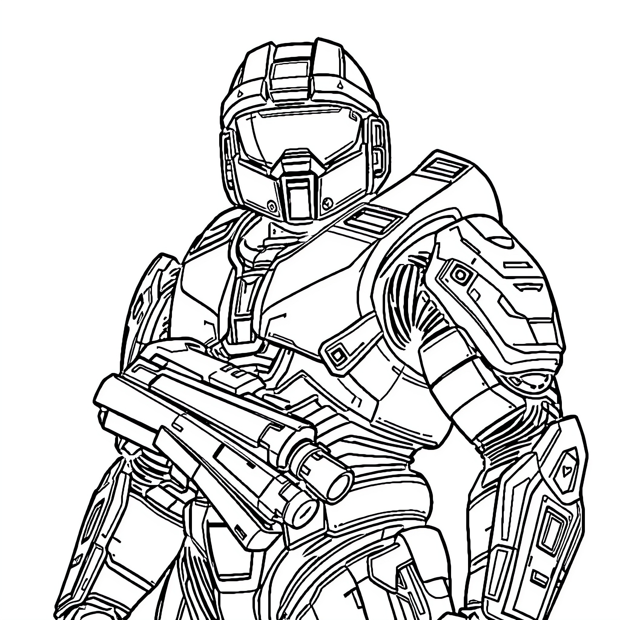 Master Chief in Armored Battle Stance Coloring Page (free black-and-white line drawing printable PDF for all, from beginners to advanced learners, including children, teens, adults, and seniors)