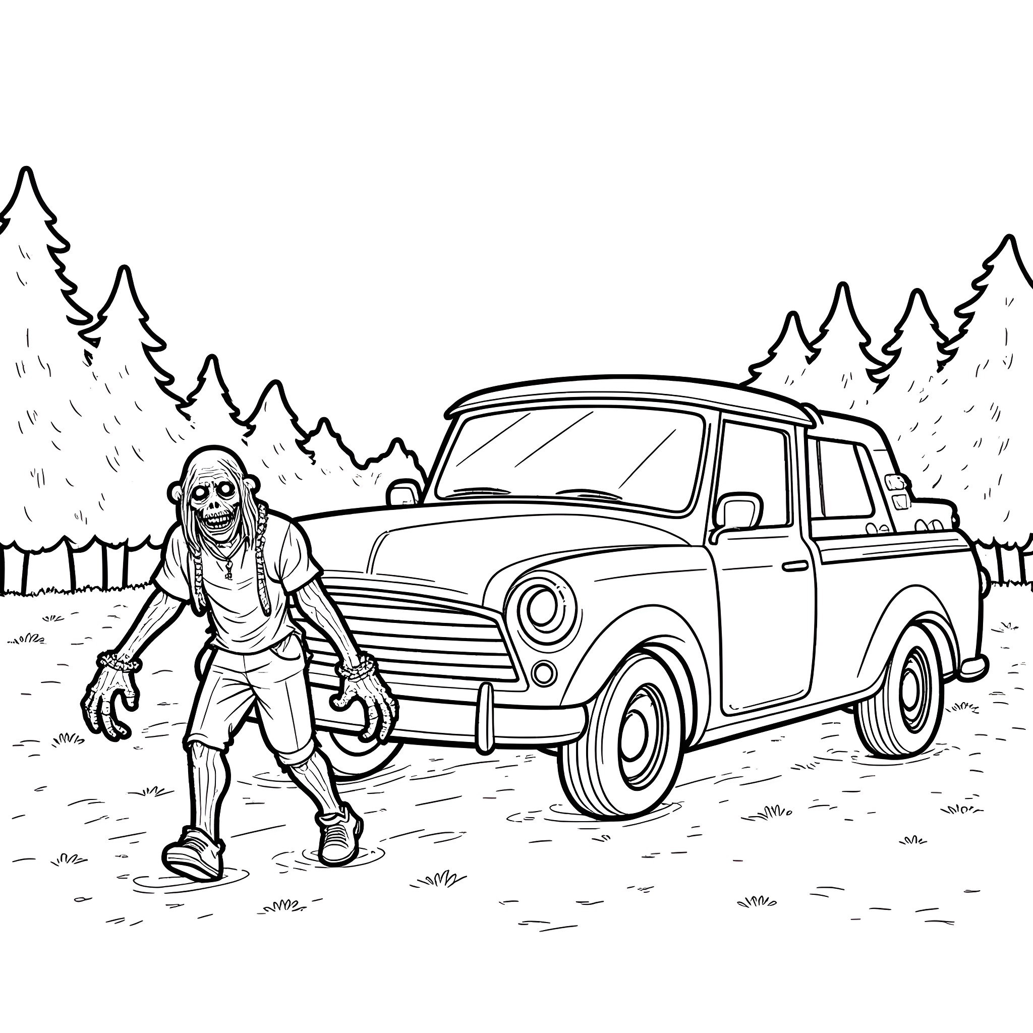 Zombie walking towards an old car in the woods Coloring Page (free black-and-white line drawing printable PDF for all, from beginners to advanced learners, including children, teens, adults, and seniors)