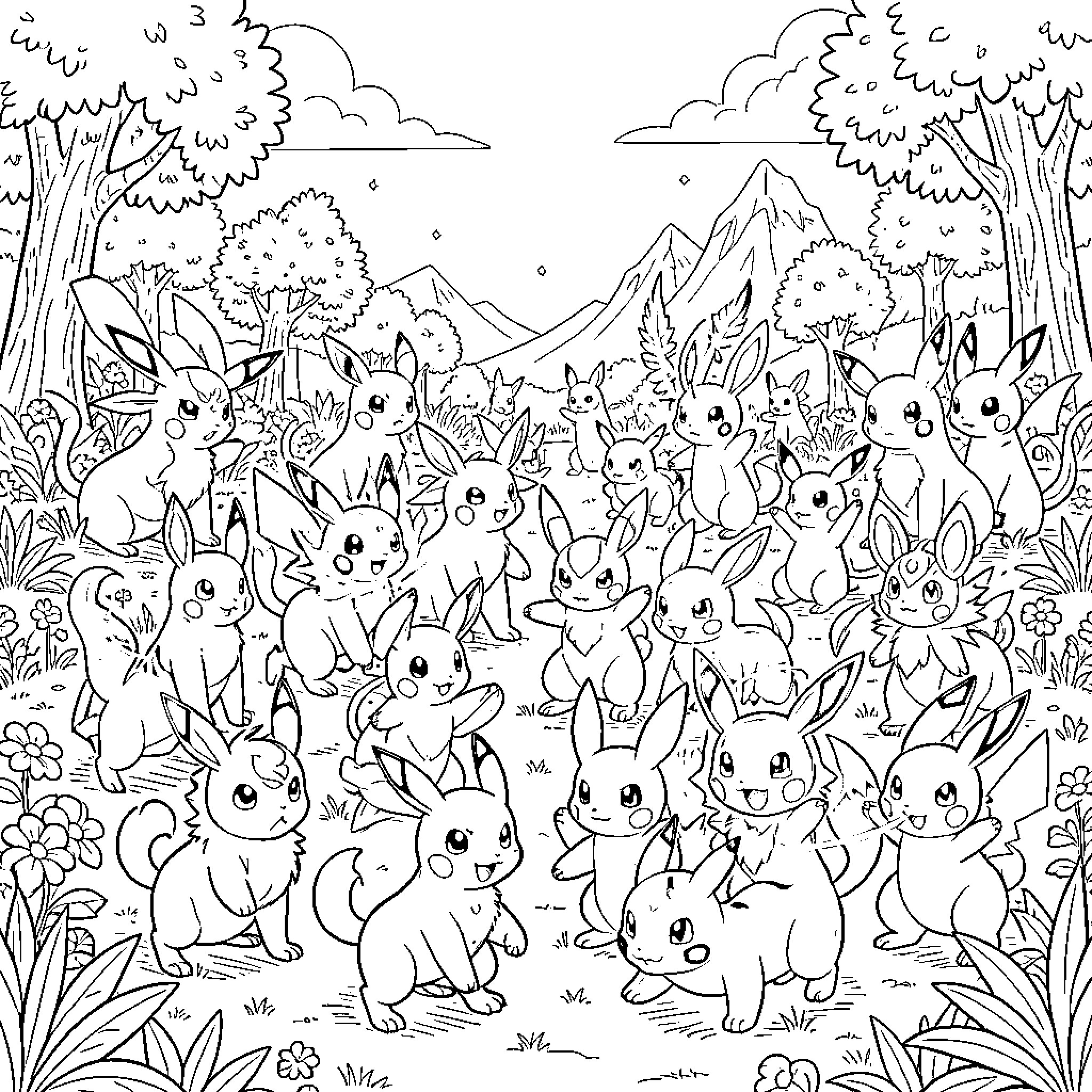 Pokémon Bunnies Frolicking in a Whimsical Forest Coloring Page (free black-and-white line drawing printable PDF for all, from beginners to advanced learners, including children, teens, adults, and seniors)