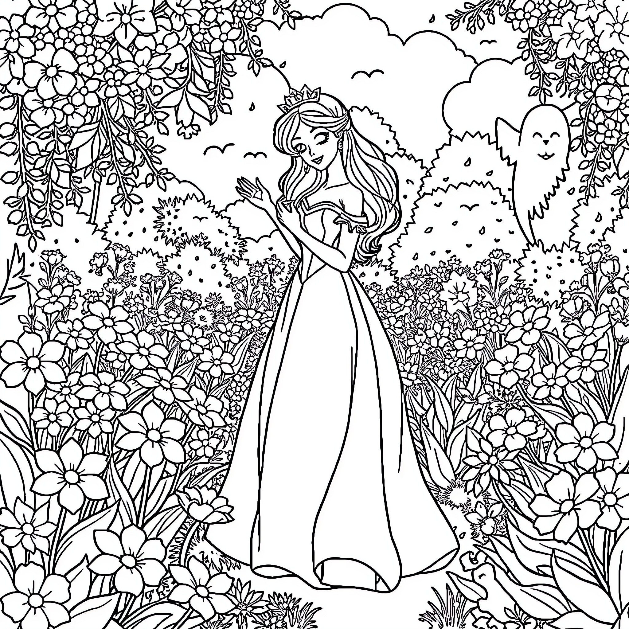 Princess in a Whimsical Floral Garden Coloring Page (free black-and-white line drawing printable PDF for all, from beginners to advanced learners, including children, teens, adults, and seniors)