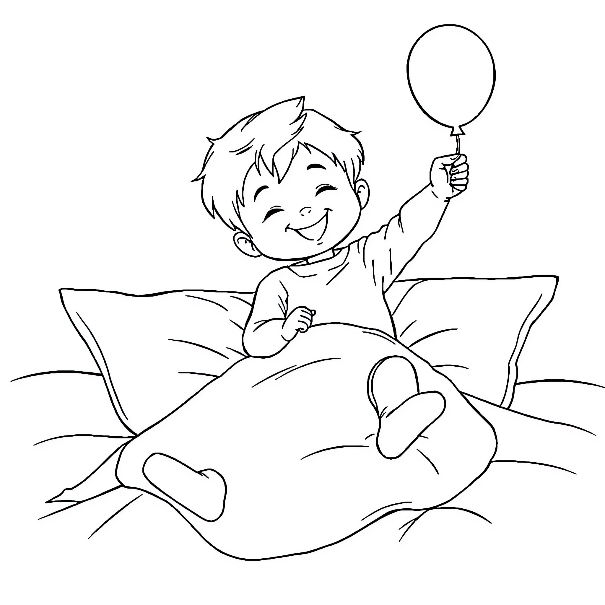 Child playing happily with balloon on bed Coloring Page (free black-and-white line drawing printable PDF for all, from beginners to advanced learners, including children, teens, adults, and seniors)