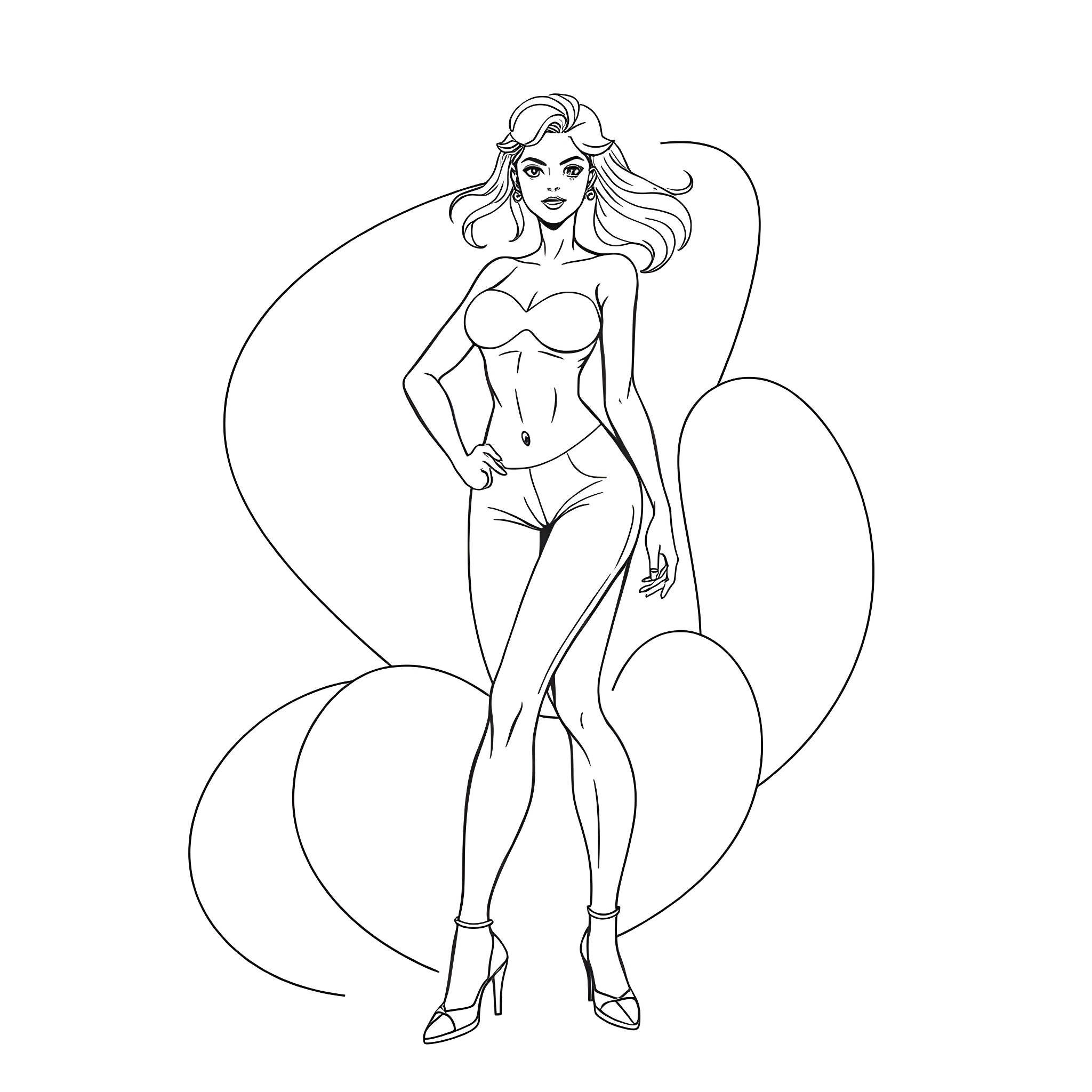 Lady Gaga's striking pose in stylish outfit Coloring Page (free black-and-white line drawing printable PDF for all, from beginners to advanced learners, including children, teens, adults, and seniors)