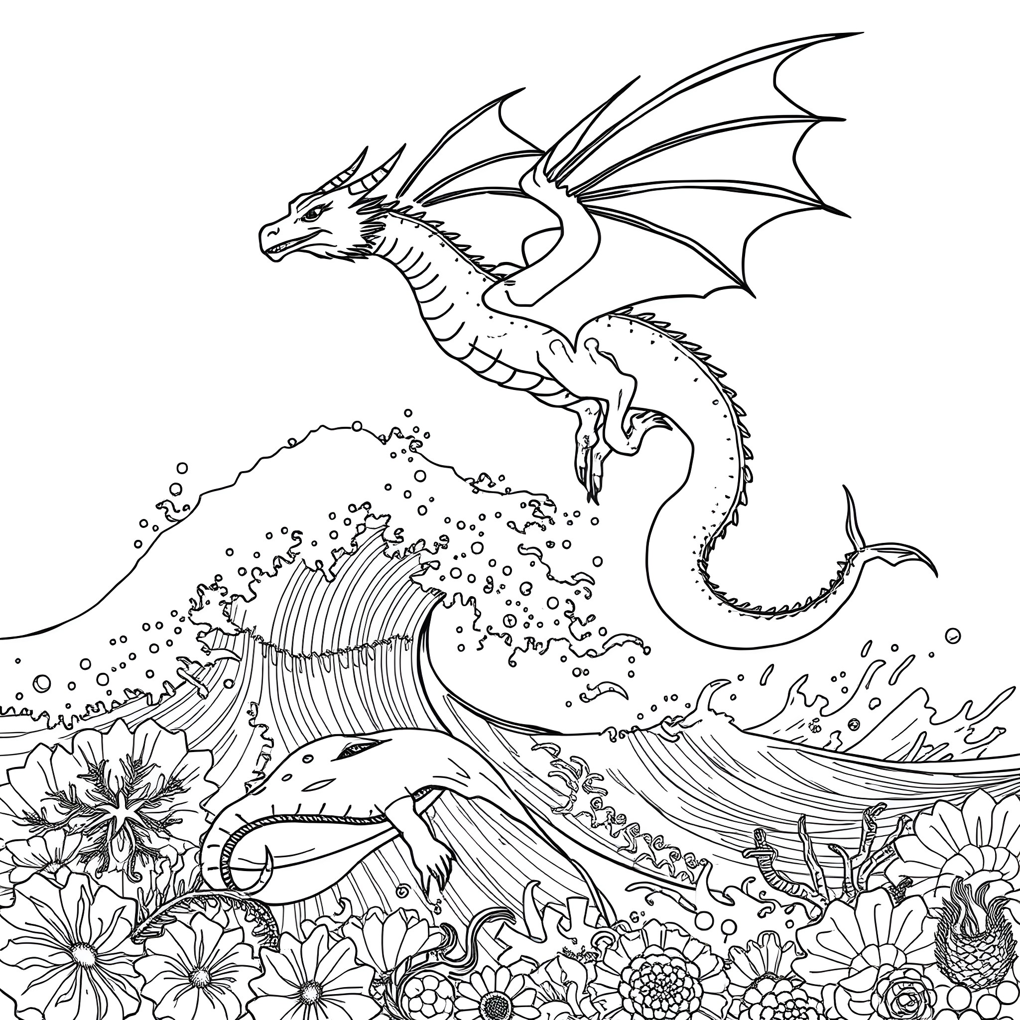 Dragon soaring over the ocean and flowers Coloring Page (free black-and-white line drawing printable PDF for all, from beginners to advanced learners, including children, teens, adults, and seniors)