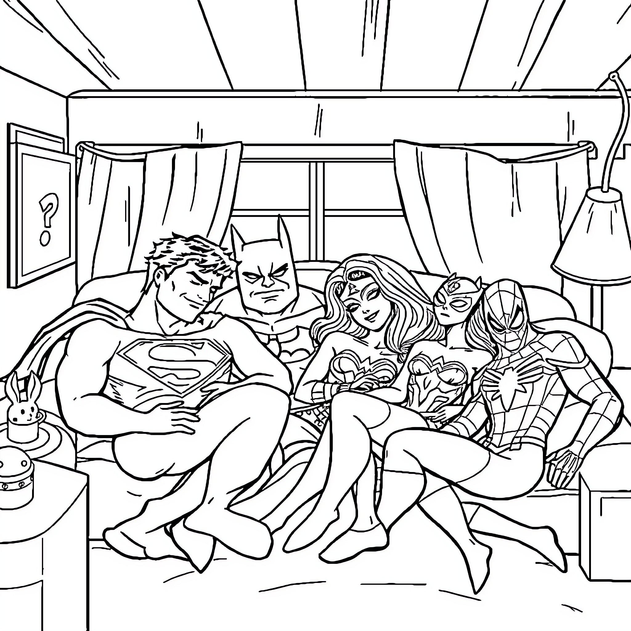 Superhero Family Relaxing Together in Their Home Coloring Page (free black-and-white line drawing printable PDF for all, from beginners to advanced learners, including children, teens, adults, and seniors)