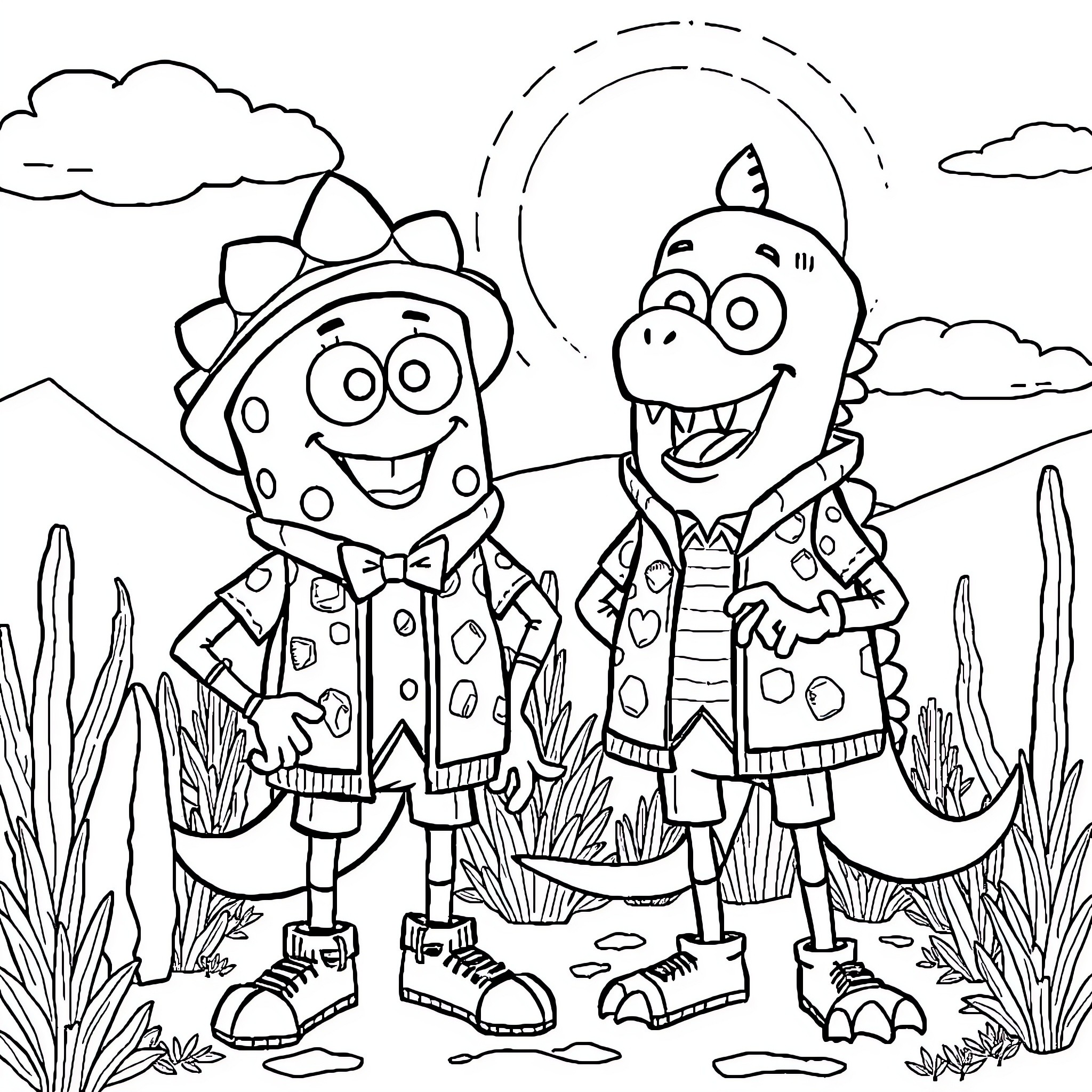 Bob esponja Two Goofy Characters in Funny Outfits Coloring Page (free black-and-white line drawing printable PDF for all, from beginners to advanced learners, including children, teens, adults, and seniors)