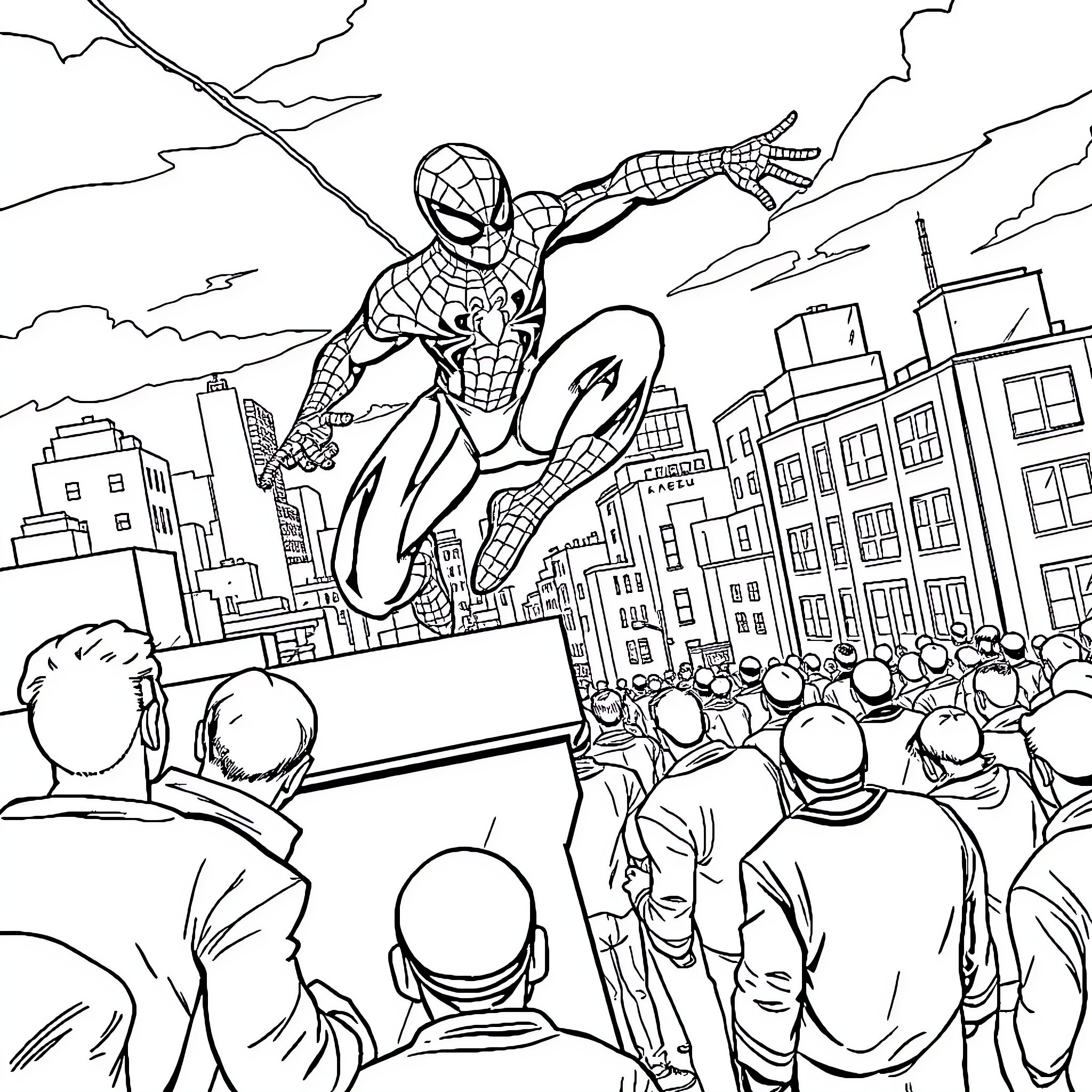 Spiderman leaping through the city, saving the day Coloring Page (free black-and-white line drawing printable PDF for all, from beginners to advanced learners, including children, teens, adults, and seniors)