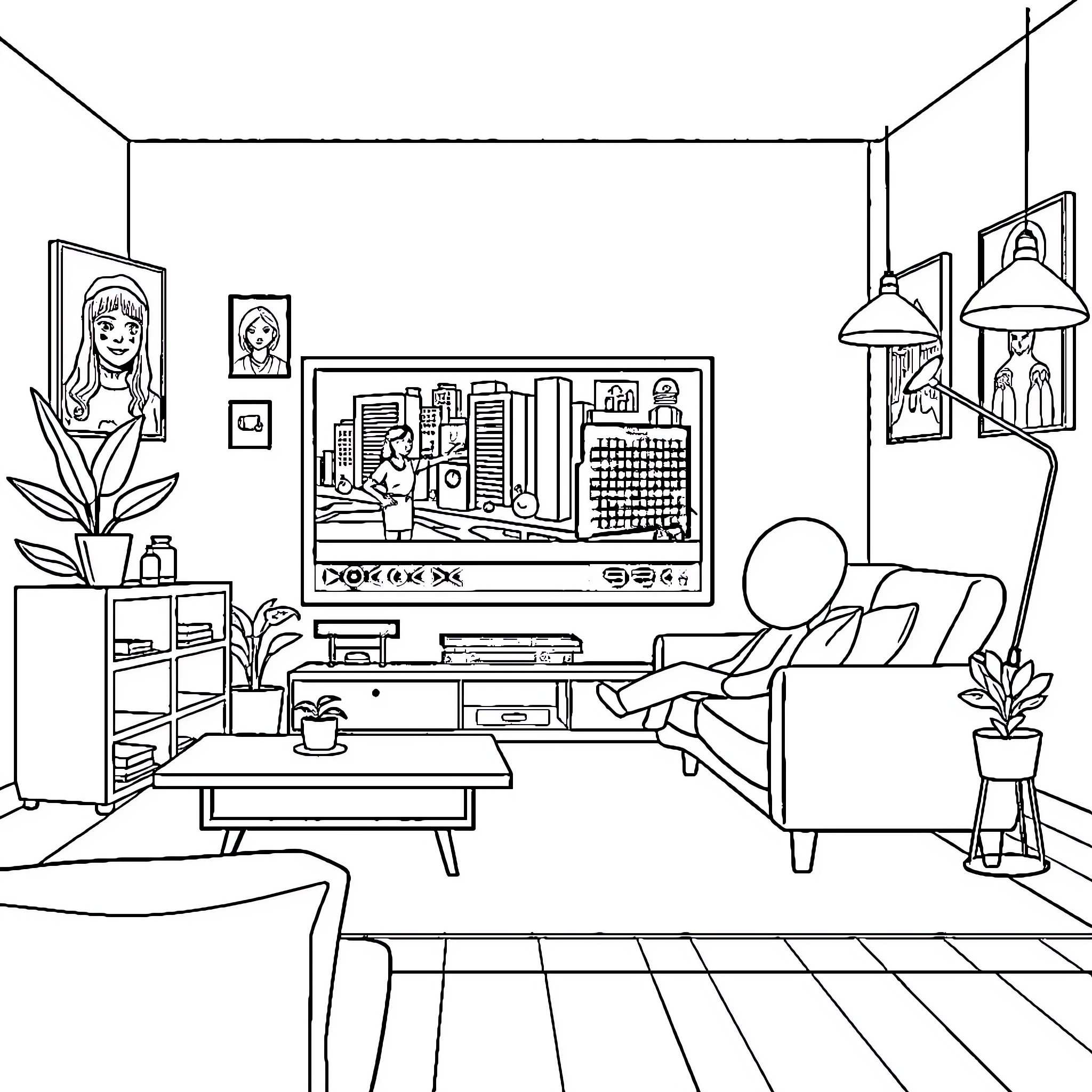 Cartoon Character Relaxing in Cozy Living Room Coloring Page (free black-and-white line drawing printable PDF for all, from beginners to advanced learners, including children, teens, adults, and seniors)