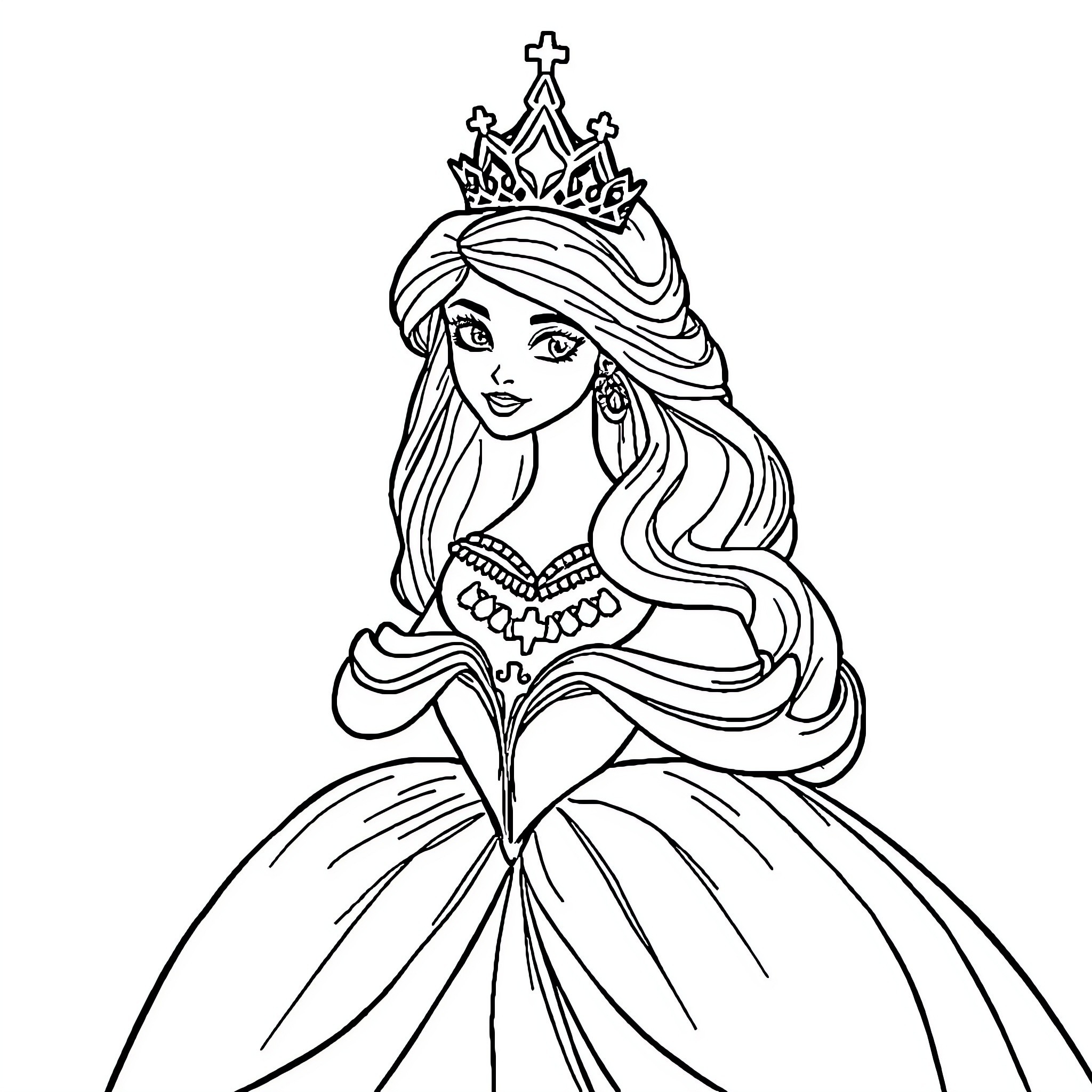 Princess in Elegant Gown and Crown Coloring Page (free black-and-white line drawing printable PDF for all, from beginners to advanced learners, including children, teens, adults, and seniors)