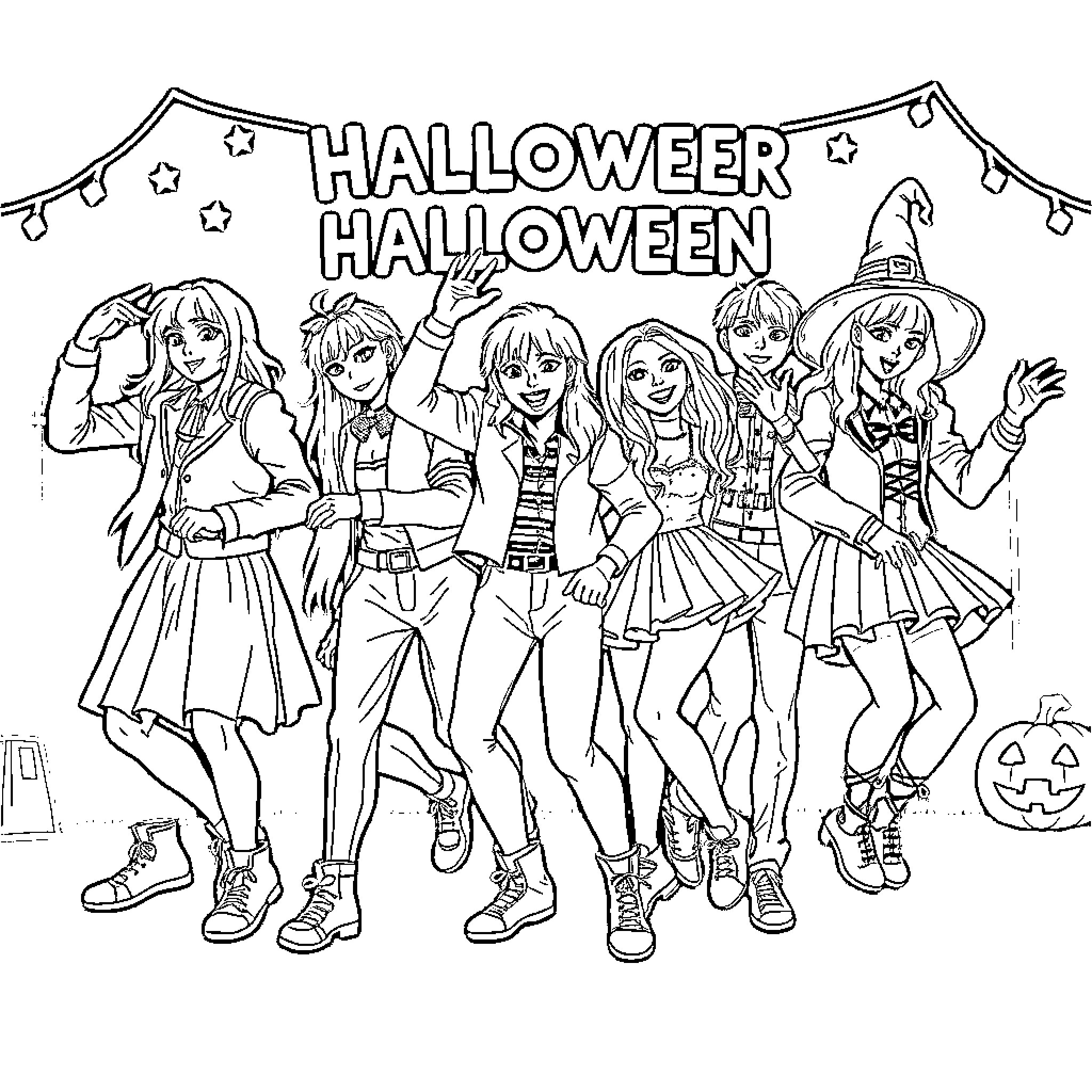 Kpop group dressed up for Halloween celebration Coloring Page (free black-and-white line drawing printable PDF for all, from beginners to advanced learners, including children, teens, adults, and seniors)