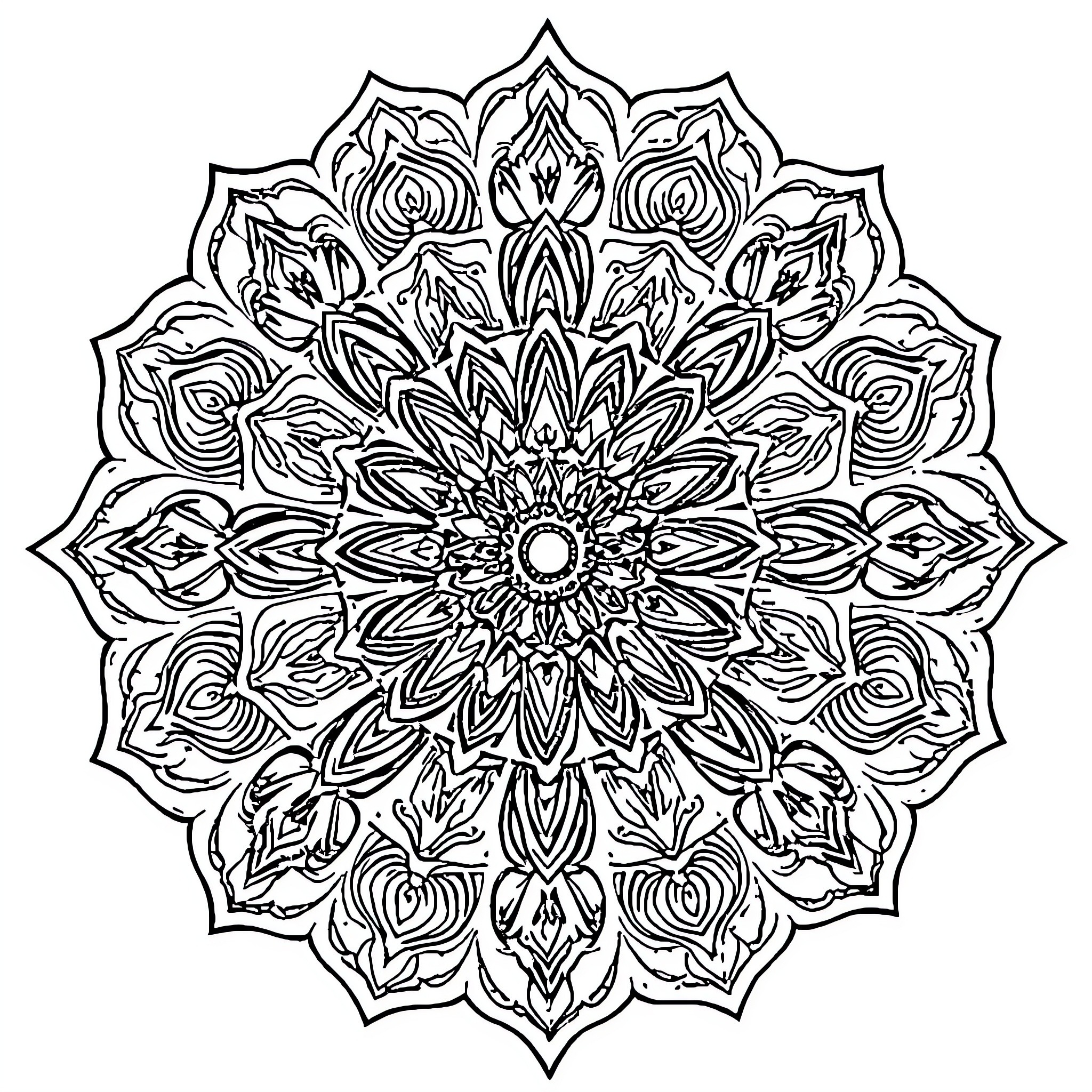 Mandalas with intricate floral patterns Coloring Page (free black-and-white line drawing printable PDF for all, from beginners to advanced learners, including children, teens, adults, and seniors)