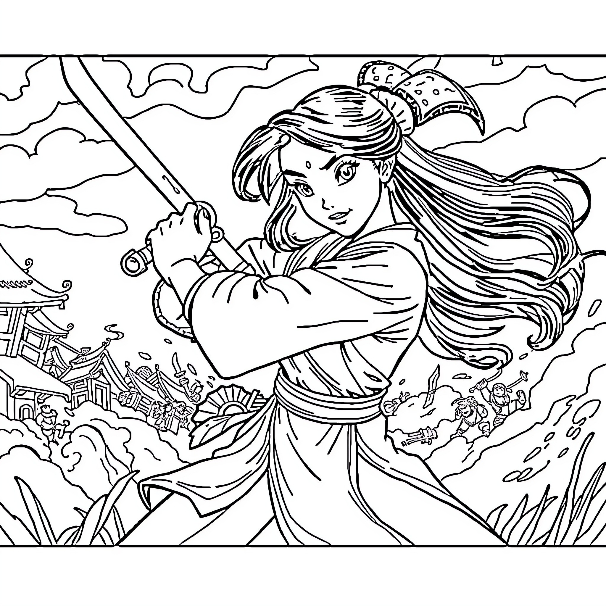 Mulan Heroically Defending Her Village with Sword Coloring Page (free black-and-white line drawing printable PDF for all, from beginners to advanced learners, including children, teens, adults, and seniors)