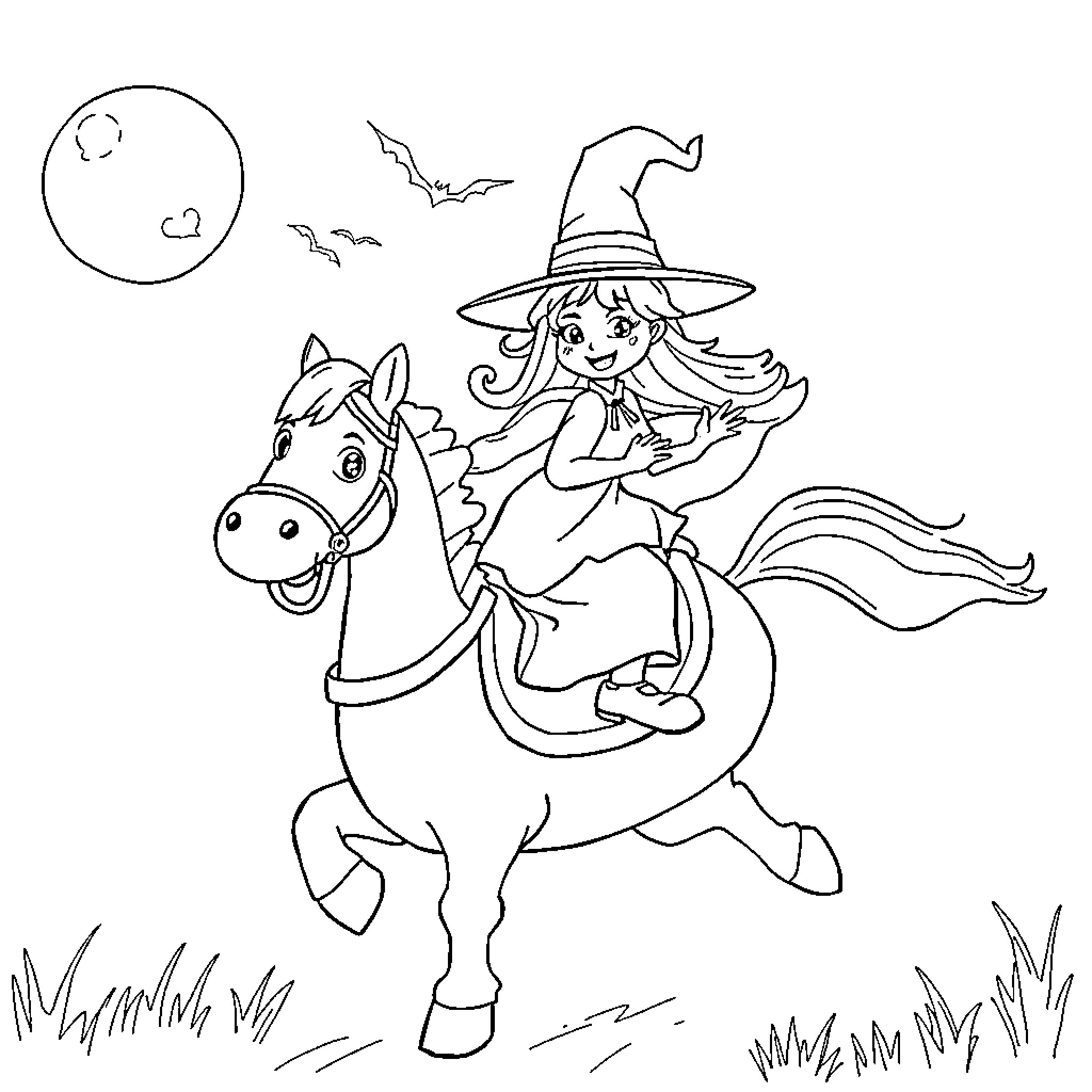 Witch riding a horse under the moonlight Coloring Page (free black-and-white line drawing printable PDF for all, from beginners to advanced learners, including children, teens, adults, and seniors)